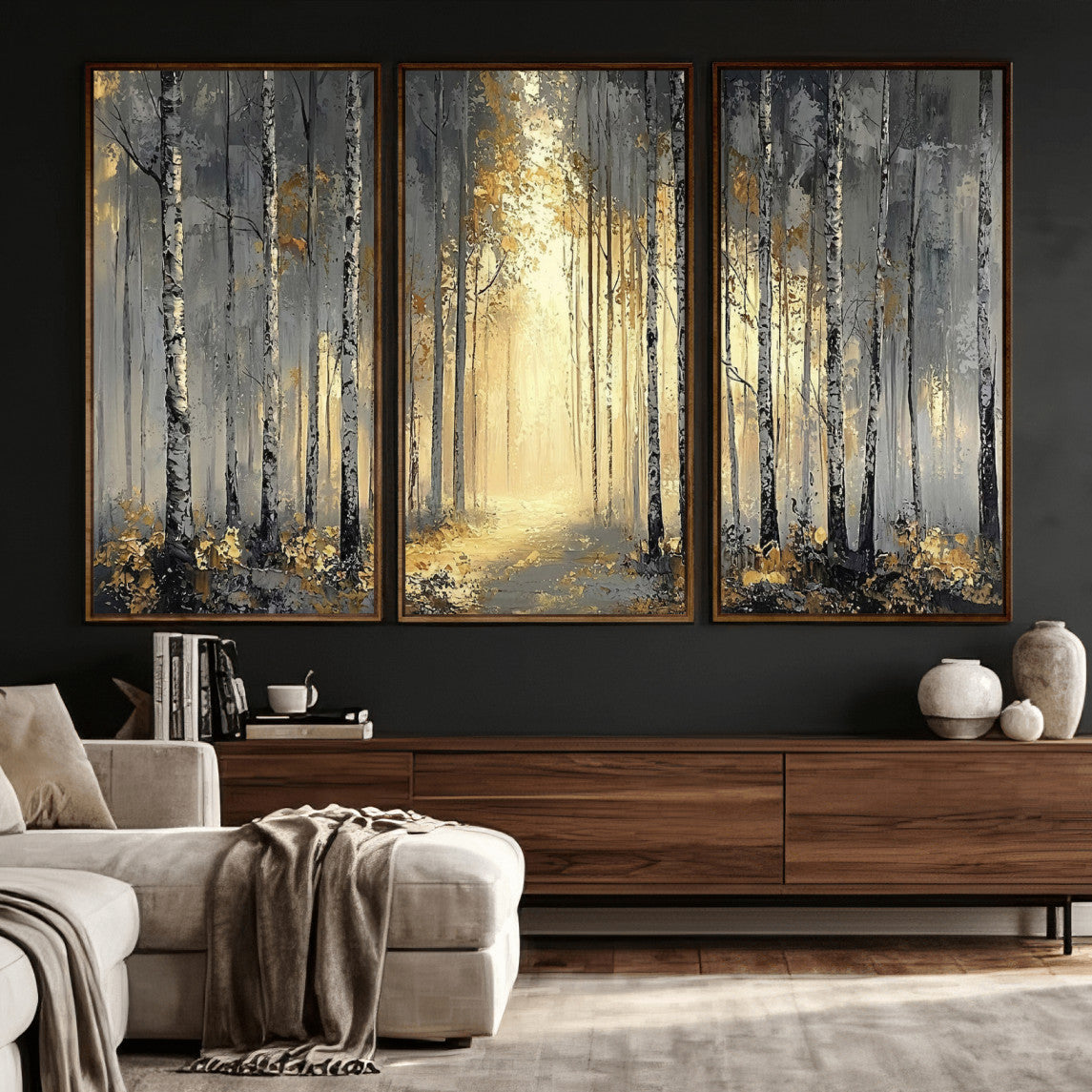 Modern living room with a triptych forest painting above a wooden console table.