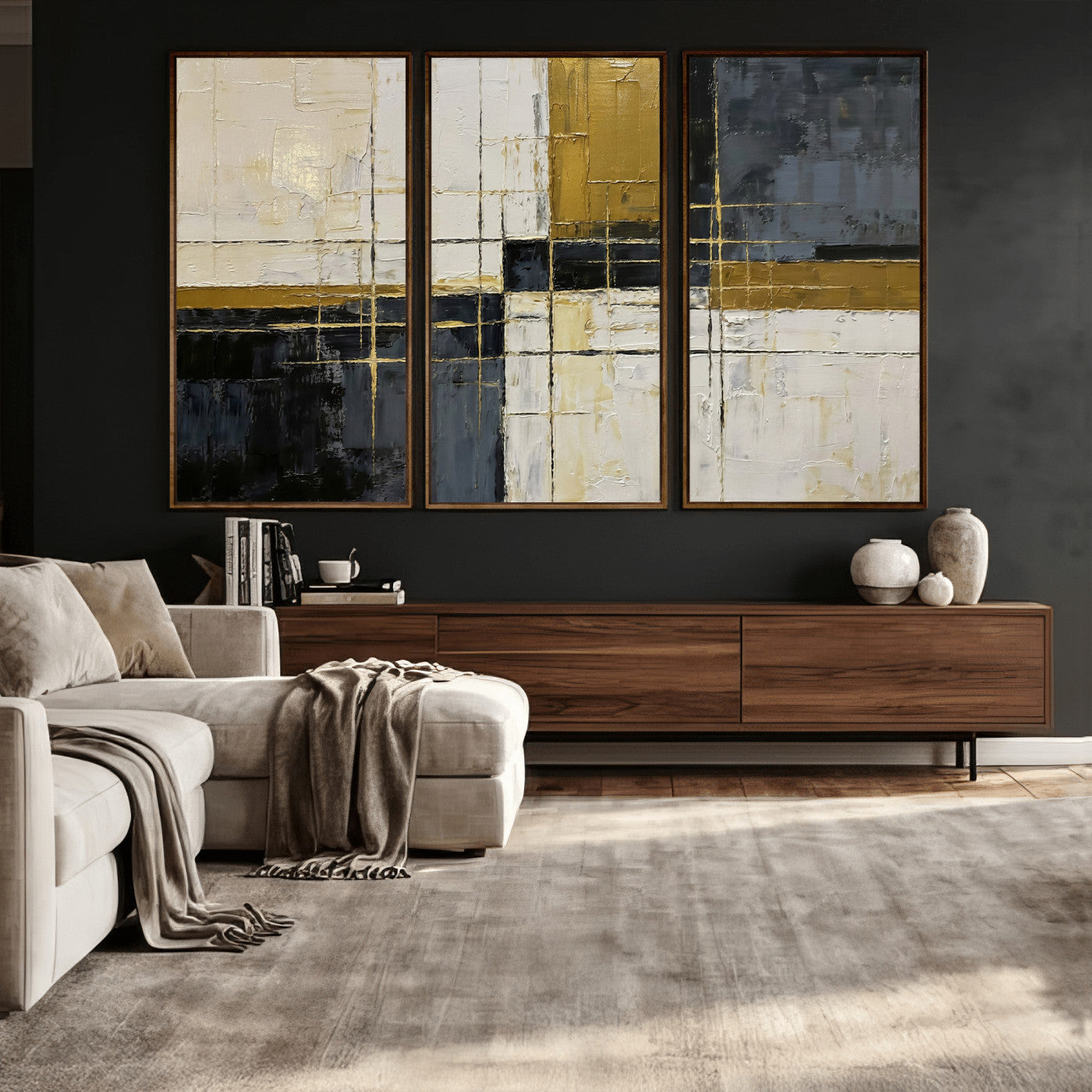 36097945-MGV-CV-36X24 - Abstract Gold and Black Wall Art Canvas Print – Modern Geometric Neutral Artwork for Living Room Decor