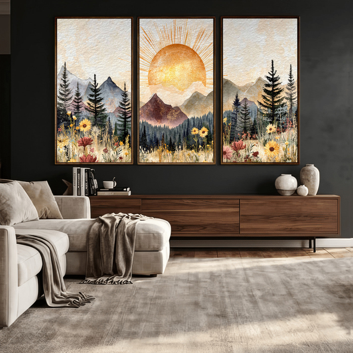 69025244-MGV-CV-36X24 - Boho Mountain Landscape Large Wall Art, Horizontal Gold Framed Canvas Print with Sun and Flowers