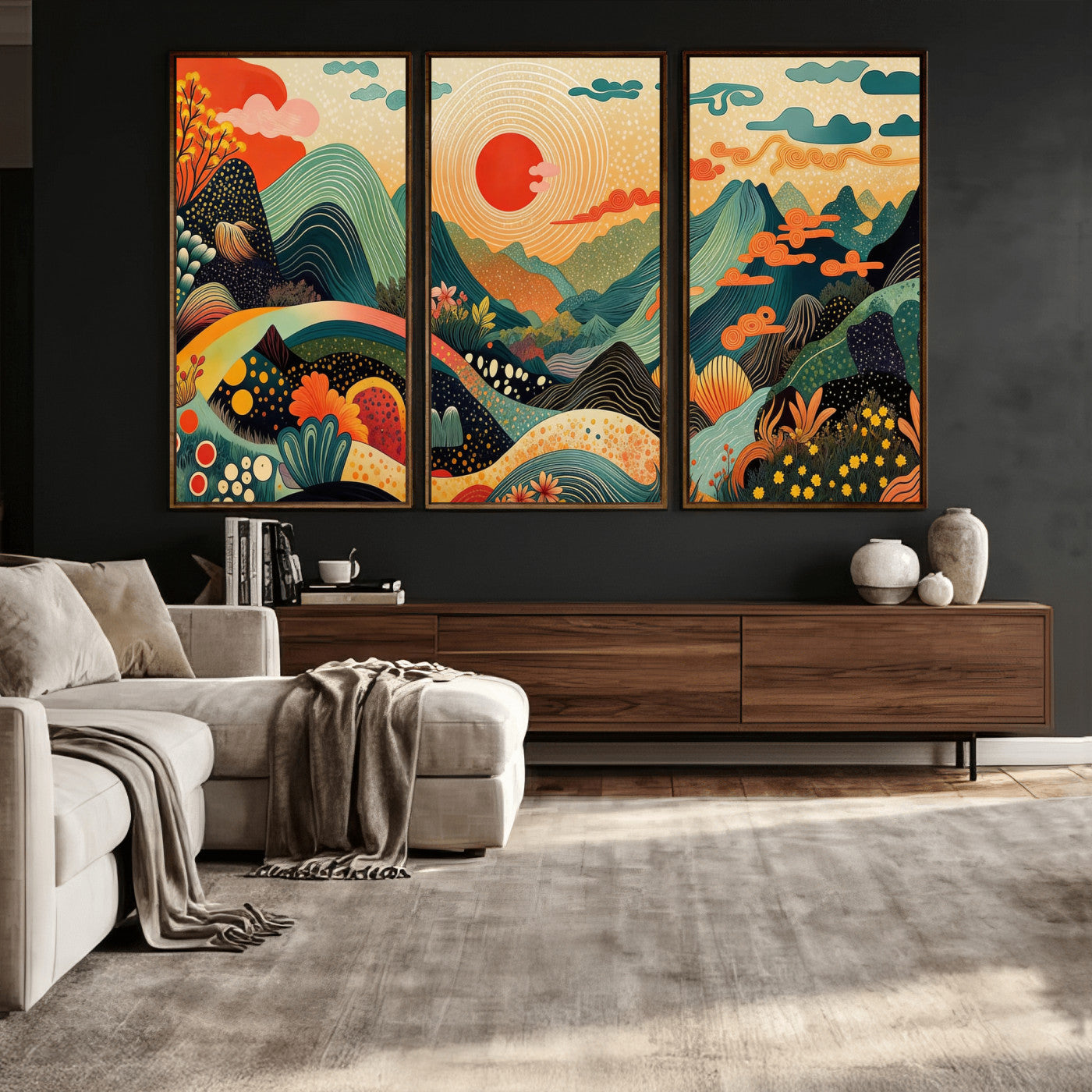 29927191-MGV-CV-36X24 - Yayoi Kusama Boho Mountain Landscape Large Wall Art, Horizontal Gold Framed Canvas Print with Sun and Flowers