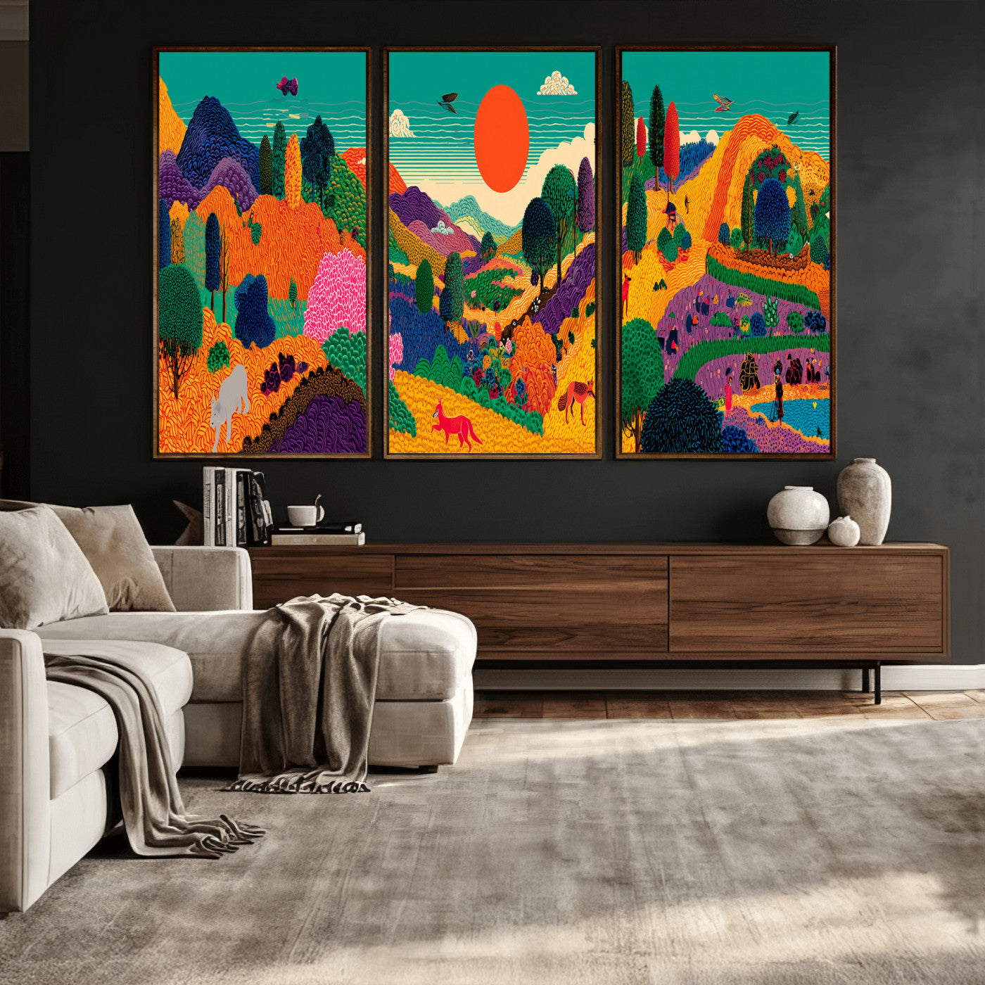 45710397-MGV-CV-48X32-3P - Colorful Japanese Landscape Print: Maximalist Panoramic Wall Art