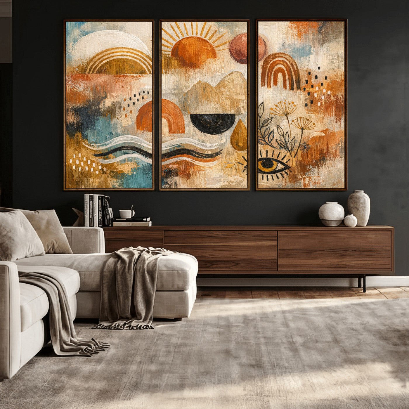 52155239-MGV-CV-36X24 - Geometric Boho Abstract Wall Art Canvas Print, Orange Blue Abstract Expressionist Painting Print, Modern Geometric Abstract Canvas Art