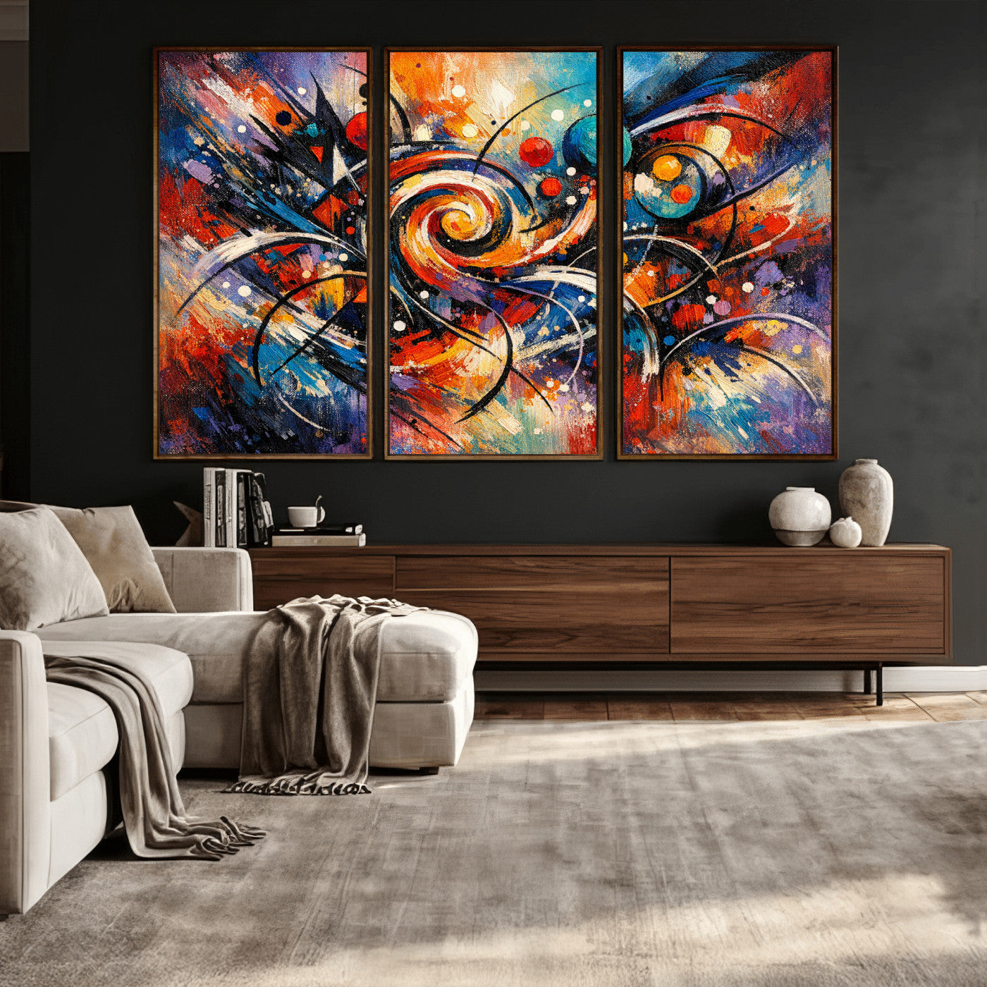 60193267-MGV-CV-36X24 - Geometric Abstract Wall Art Canvas Print, Orange Blue Abstract Expressionist Painting Print, Modern Geometric Abstract Canvas Art