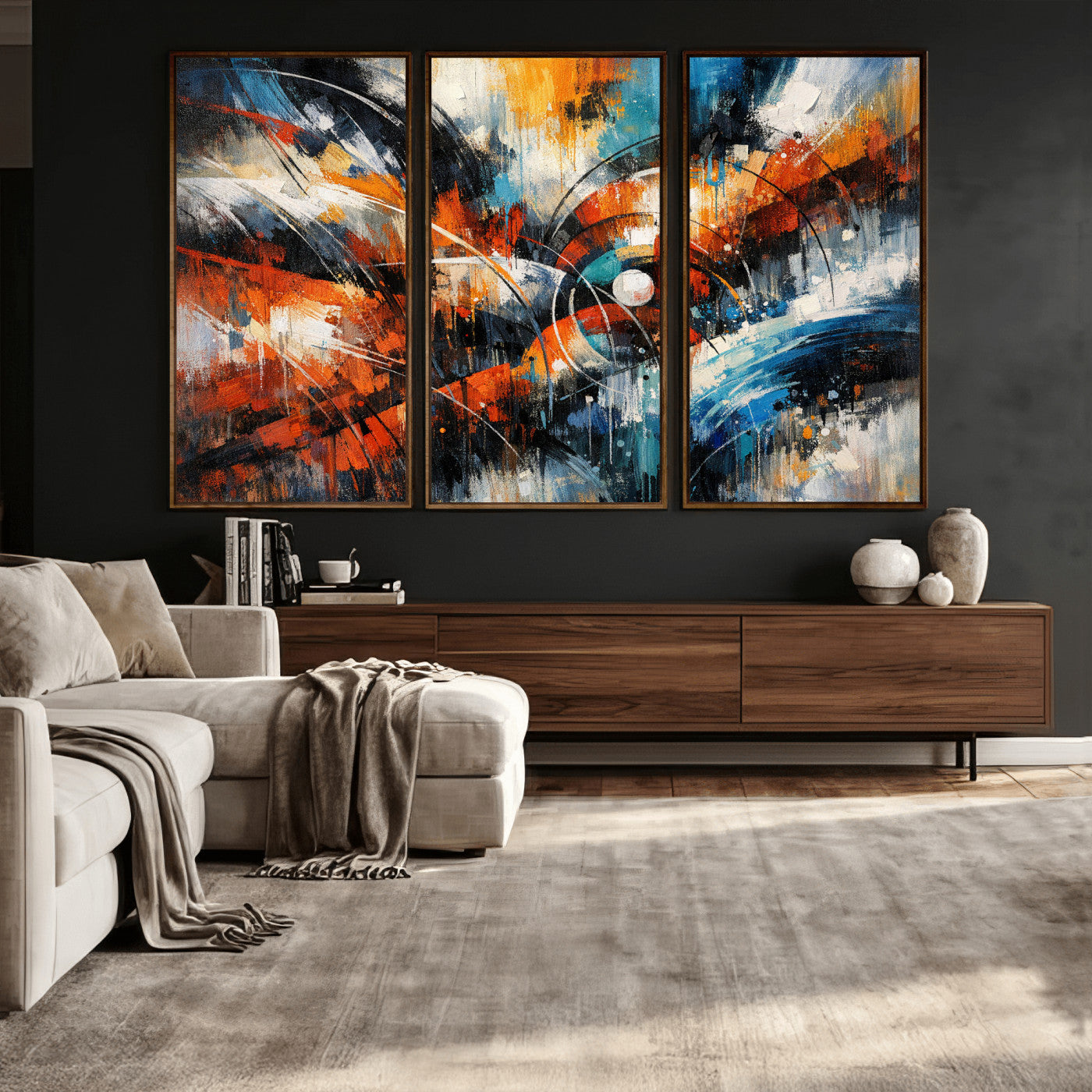 47120691-MGV-CV-36X24 - Geometric Abstract Wall Art Canvas Print, Orange Blue Abstract Expressionist Painting Print, Modern Geometric Abstract Canvas Art