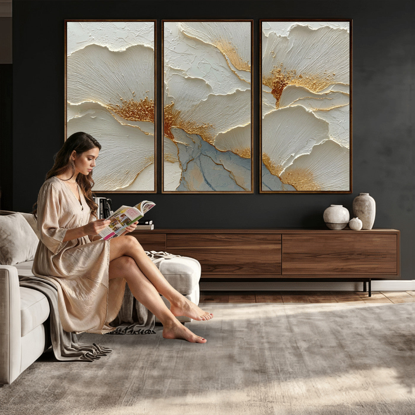 4712069F1-MGV-CV-36X24 - White Gold Floral Canvas Wall Art — Textured Flower Print | Luxury Botanical Decor | Elegant Bedroom Art | Gold Leaf Wall Art Gift