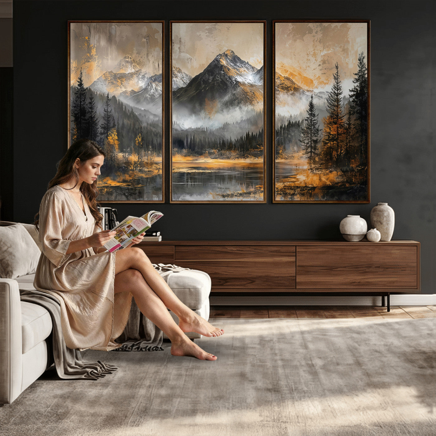 4712069D1-MGV-CV-36X24 - Mountain Lake Canvas Wall Art — Rustic Forest Landscape Print | Gold Grey Nature Decor | Cabin Wall Art | Large Wilderness Art Print Gift