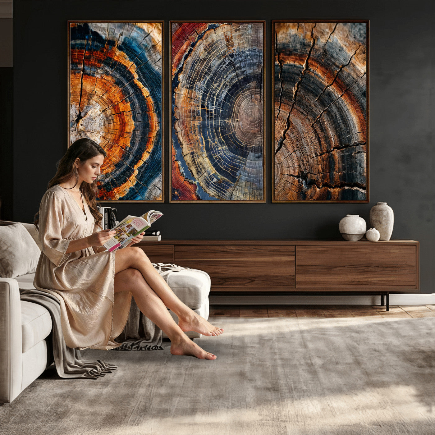 4712069W1-MGV-CV-48X32-3P - Tree Ring Triptych Canvas Wall Art — Set of 3 Wood Grain Print | Rustic Nature Decor | Earth Tone Wall Art | Unique Living Room Art Gift