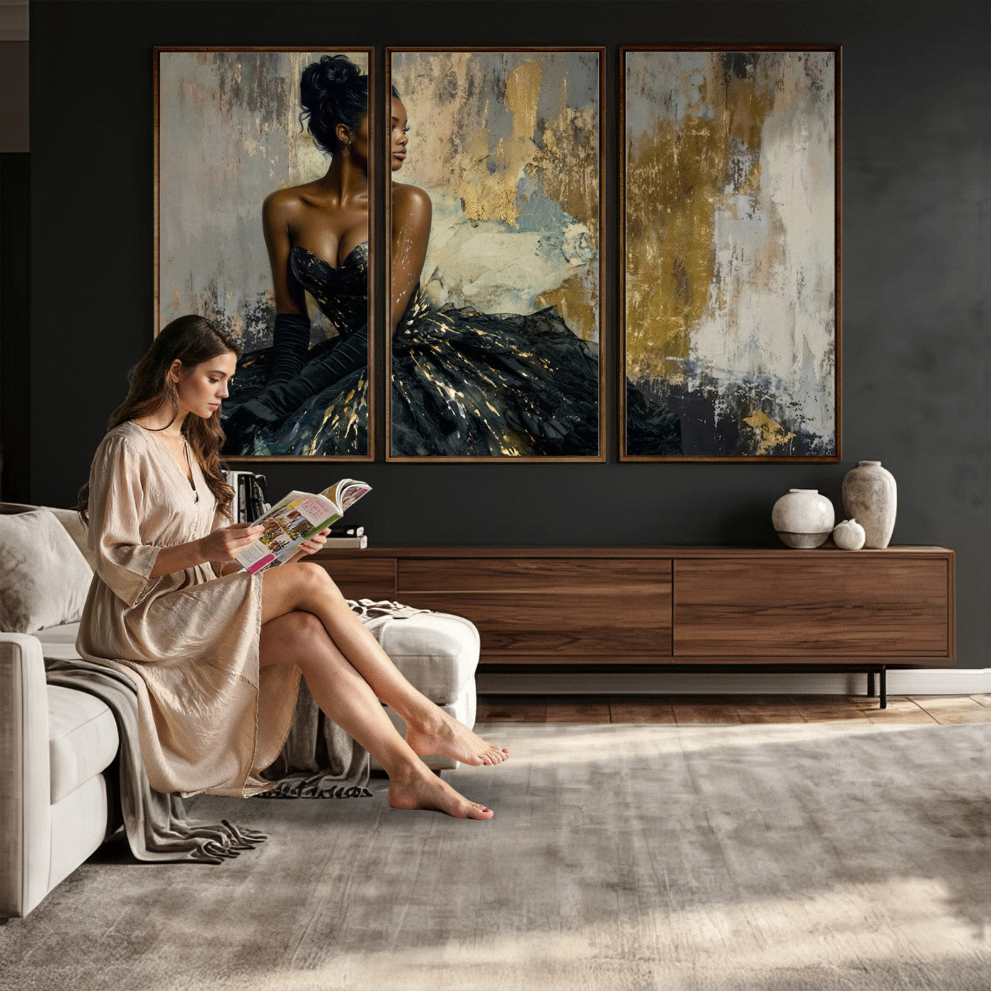 4712069Z1-MGV-CV-36X24 - Elegant Woman Canvas Wall Art — Black Gold Gown Fashion Print | Luxury Glam Wall Decor | African American Art | Bold Bedroom Wall Art Gift