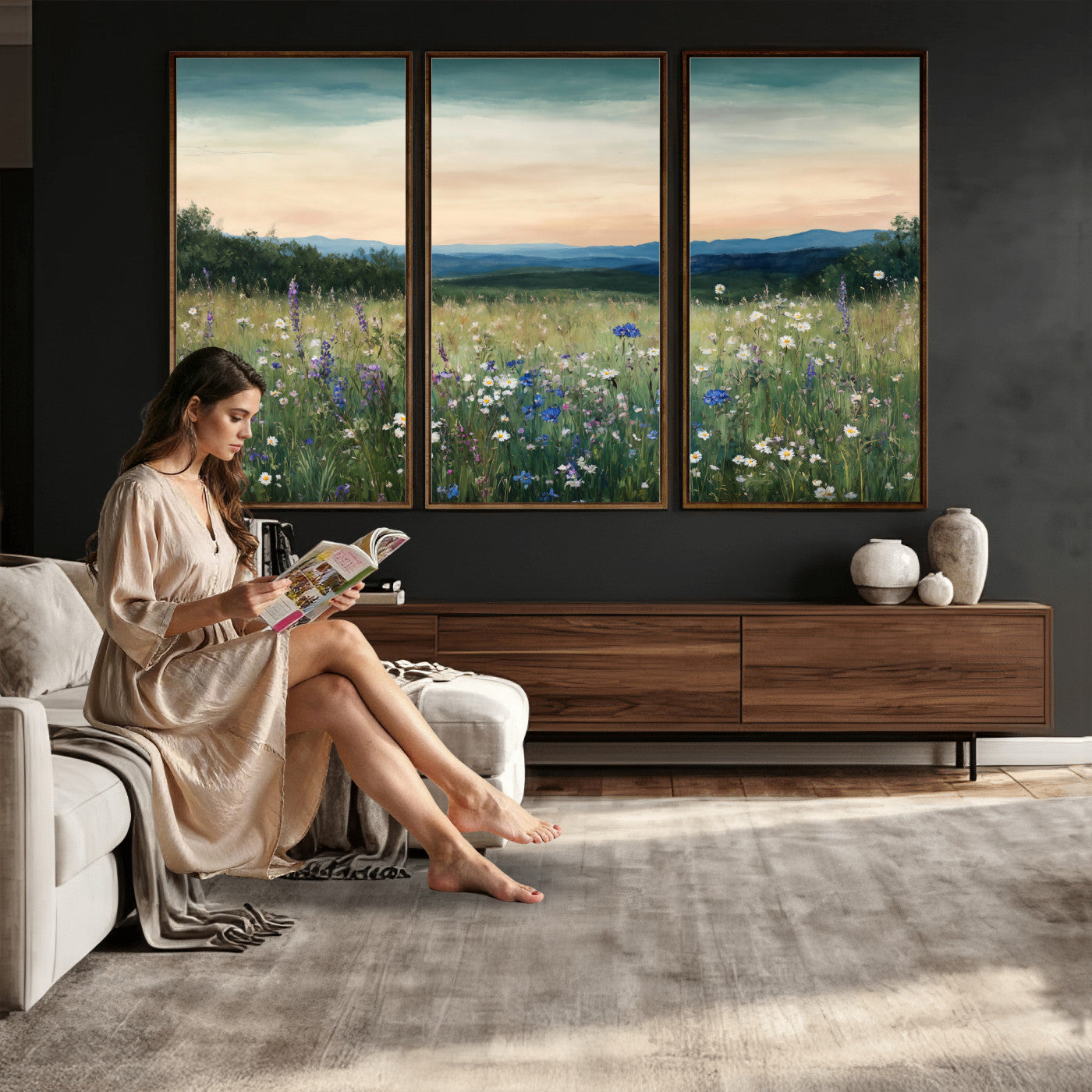 35773805-MGV-CV-36X24 - Wildflower Meadow Oil Painting Canvas Print - Daisy Lavender Mountain Sunset Print | Cottagecore Floral Wall Art - Bedroom Decor Gift for Her