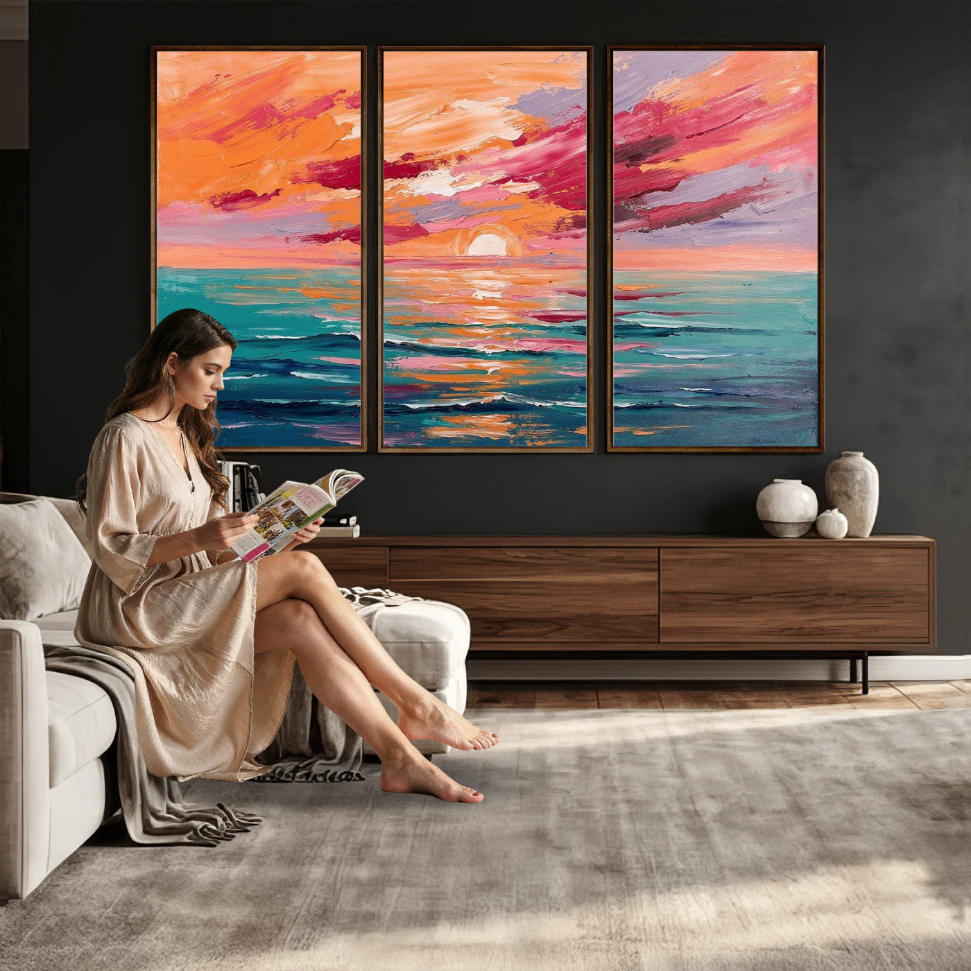 26763902-MGV-CV-36X24 - Bold Palette Knife Ocean Sunset Canvas — Orange Pink Teal Expressionist Sea Print | Colorful Coastal Wall Art | Vibrant Beach Decor Gift
