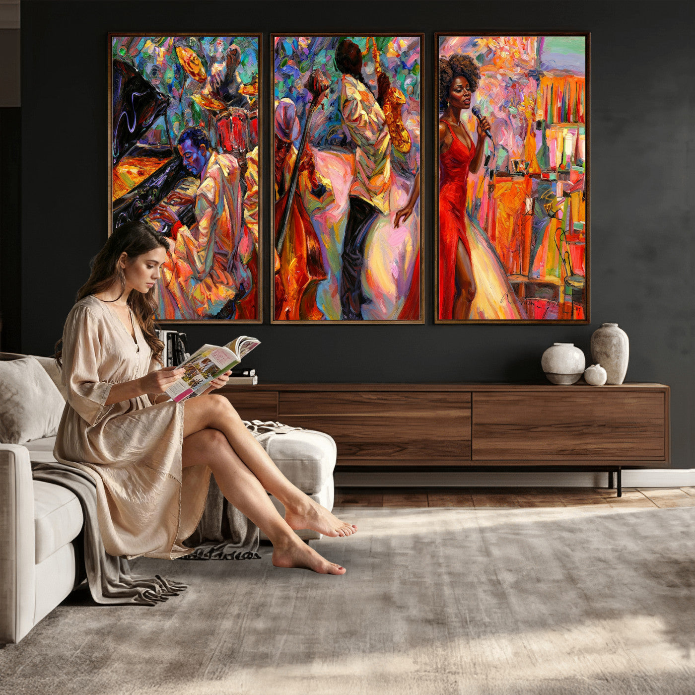 72615137-MGV-CV-36X24 - African American Jazz Singer Canvas Art - Red Dress Black Woman Music Print | Colorful Jazz Band Wall Decor | Living Room Gift for Her
