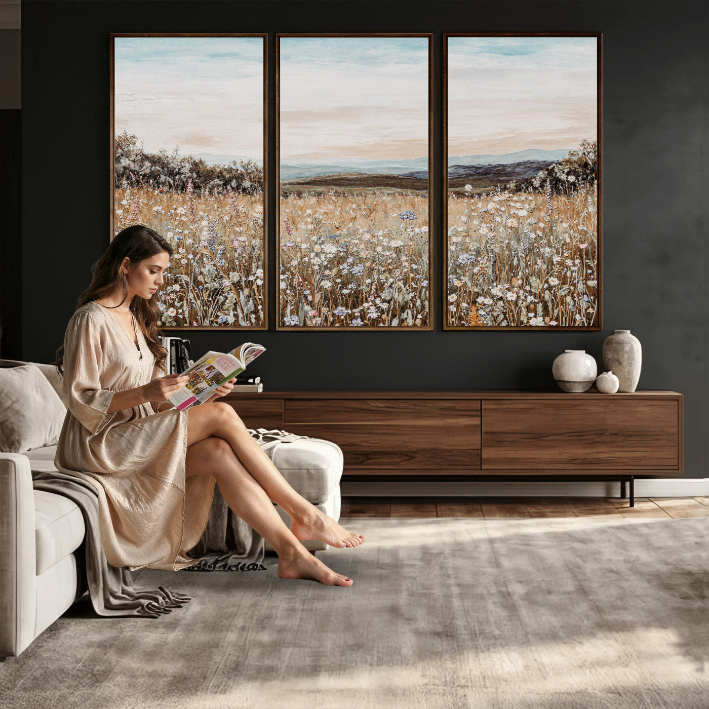 F35773805-MGV-CV-36X24 - Neutral Wildflower Field Canvas Wall Art — Beige Earth Tone Botanical Meadow Print | Farmhouse Boho Decor | Bedroom Living Room Gift Her