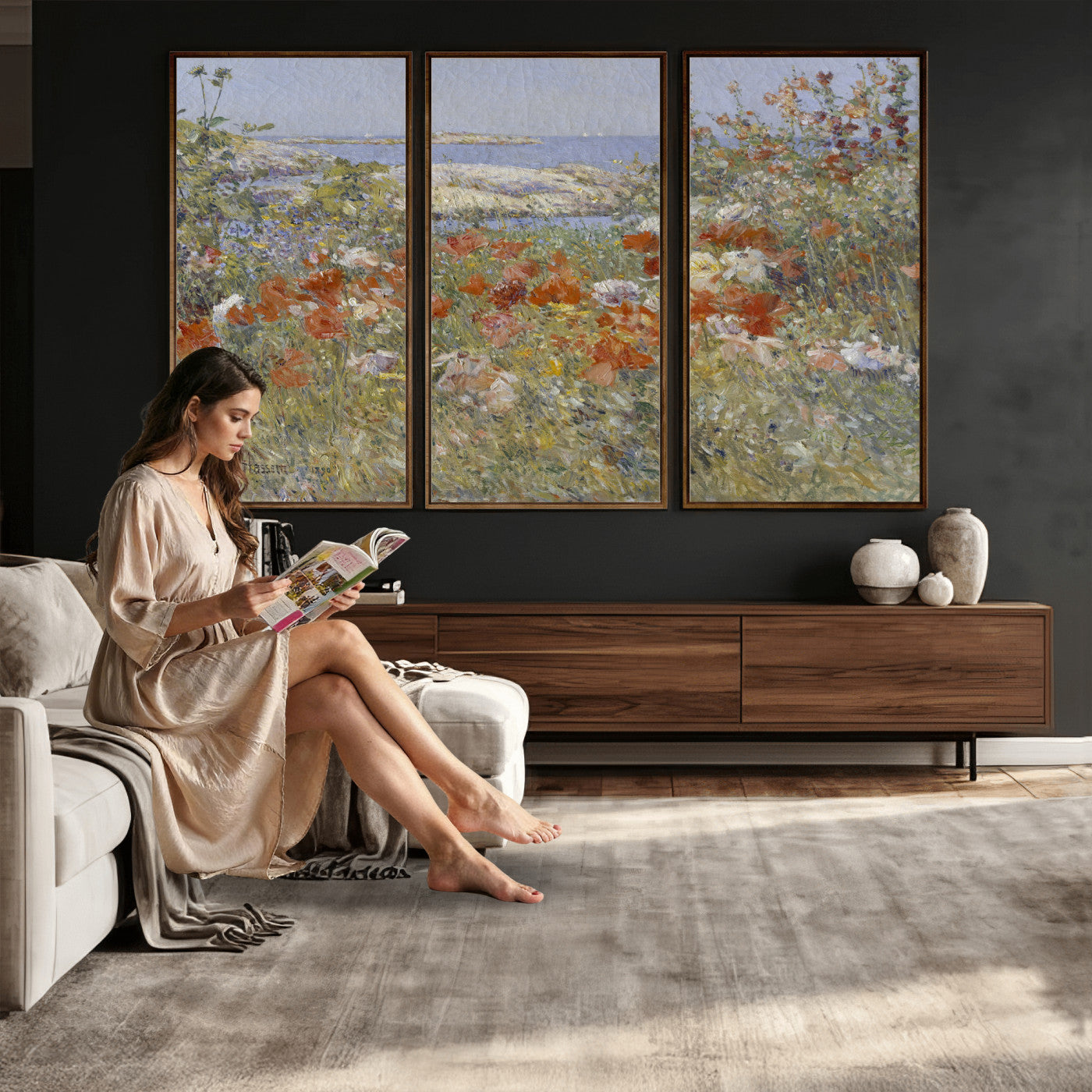 54770907-MGV-CV-36X24 - Childe Hassam Celia Thaxter Garden Canvas — 1890 American Impressionist Poppy Floral Print | Isles of Shoals Coastal Art | Classic Gift