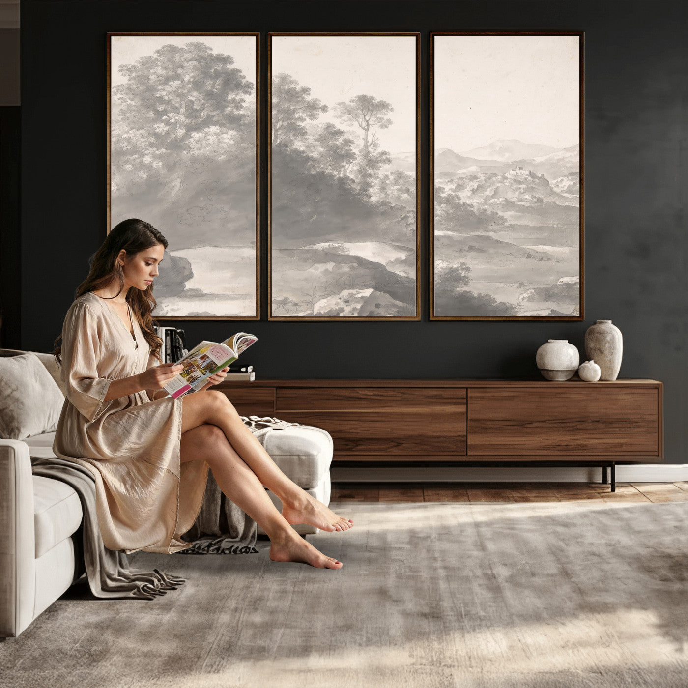 33041209-MGV-CV-36X24 - Van Poelenburch Landscape Canvas Wall Art — Dutch Golden Age Gray Wash Drawing Print | Baroque Italianate Nature Decor | Old Master Classic Gift