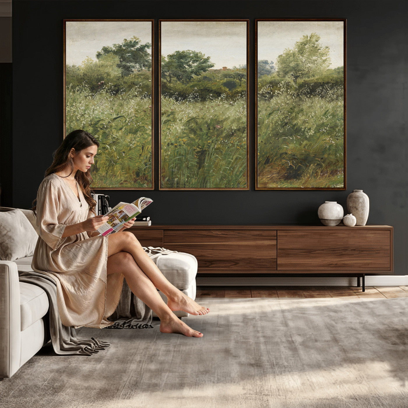 92328261-MGV-CV-36X24 - Wildflower Meadow Canvas Wall Art, Impressionist Overgrown Field Painting Print, Vintage Green Nature Decor, Cottagecore Botanical Art, Living Room Print