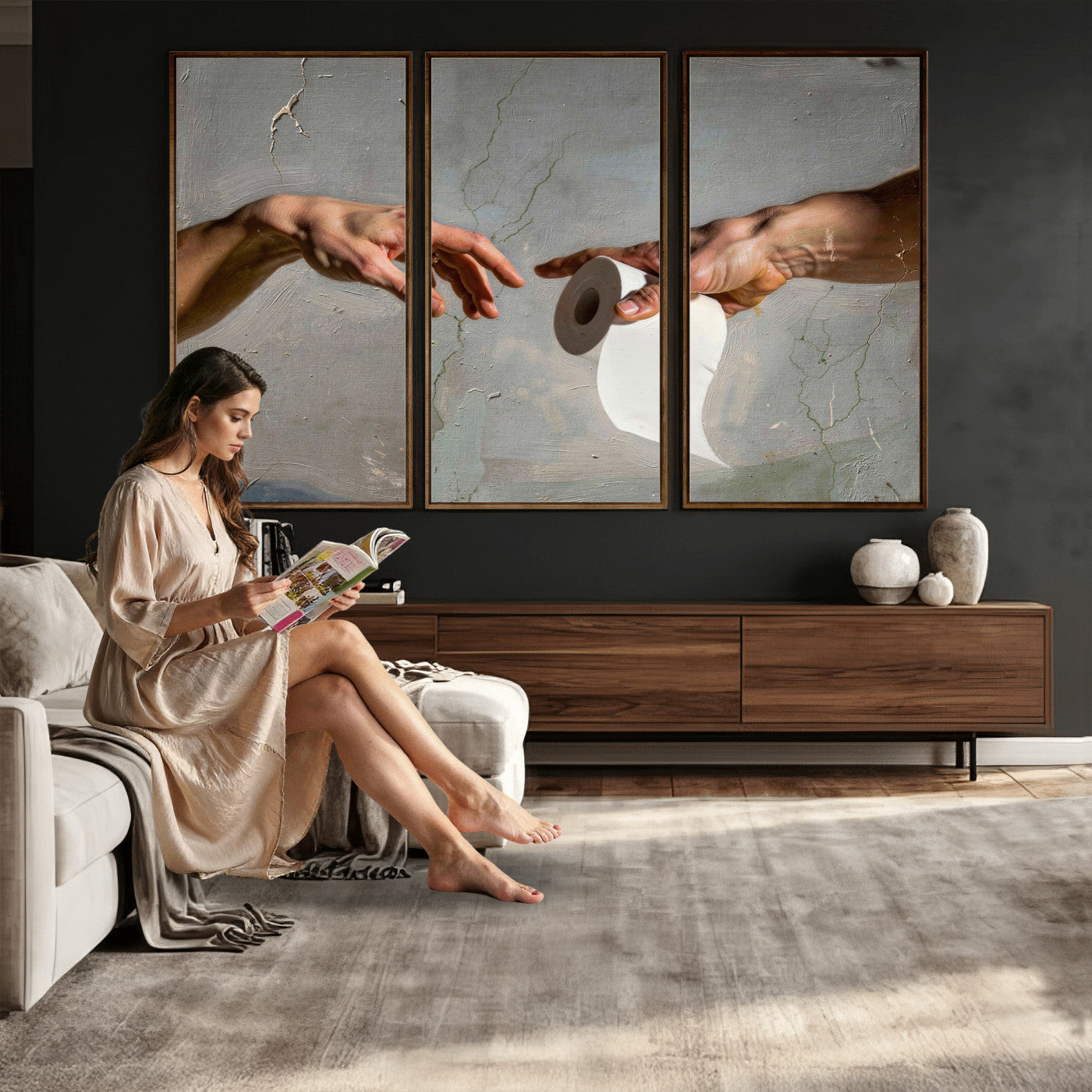 72030048-MGV-CV-36X24 - Funny Bathroom Wall Art Canvas, Creation of Toilet Paper Parody Print, Renaissance Humor Decor, Toilet Room Art, Quirky Housewarming Gift, Classic Art Spoof