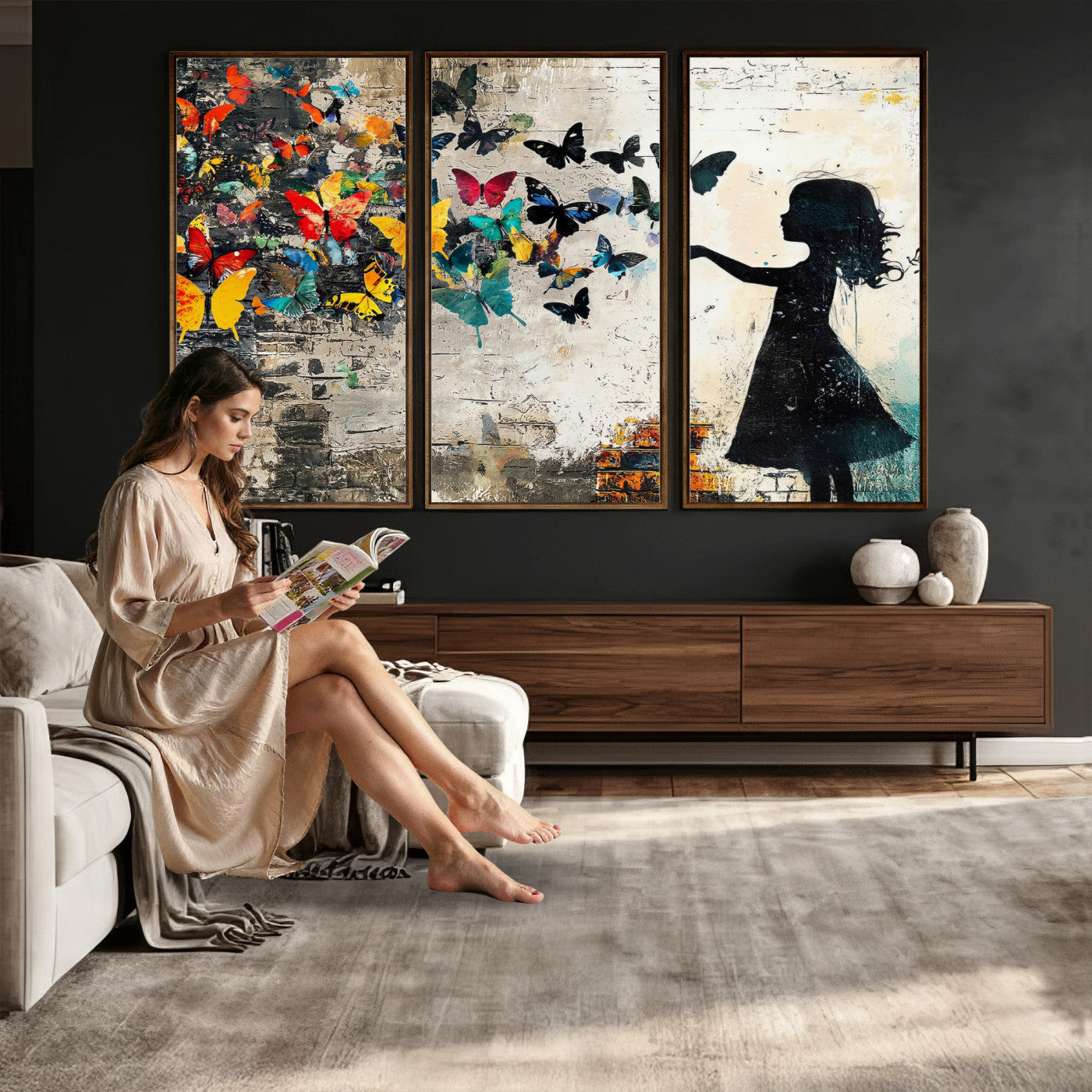 33909022-MGV-CV-36X24 - Banksy Butterfly Girl Wall Art Canvas Print, Framed Street Art Silhouette Graffiti Artwork, Colorful Butterfly Wall Decor for Living Room Bedroom Office