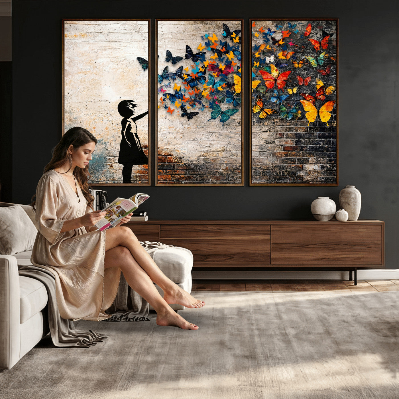 78760384-MGV-CV-36X24 - Banksy Graffiti Butterfly Girl Wall Art Canvas Print, Framed Street Art Canvas Print, Silhouette Butterfly Wall Art for Living Room Bedroom Office