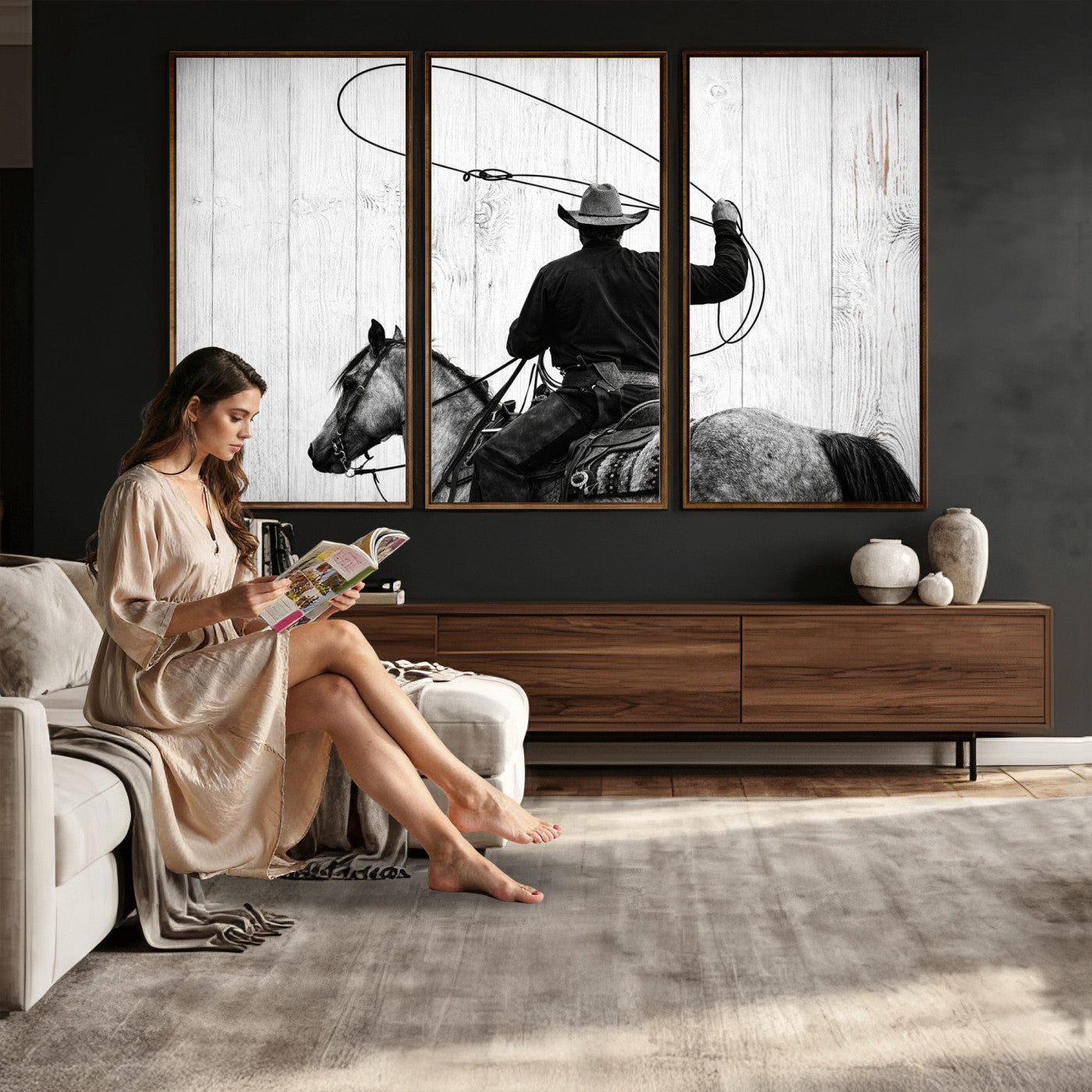 22569358-MGV-CV-36X24 - Cowboy Lasso Canvas Wall Art, Black White Western Horse Photo Print, Rustic Ranch Rodeo Decor, Farmhouse Western Art, Cowboy Gift for Him