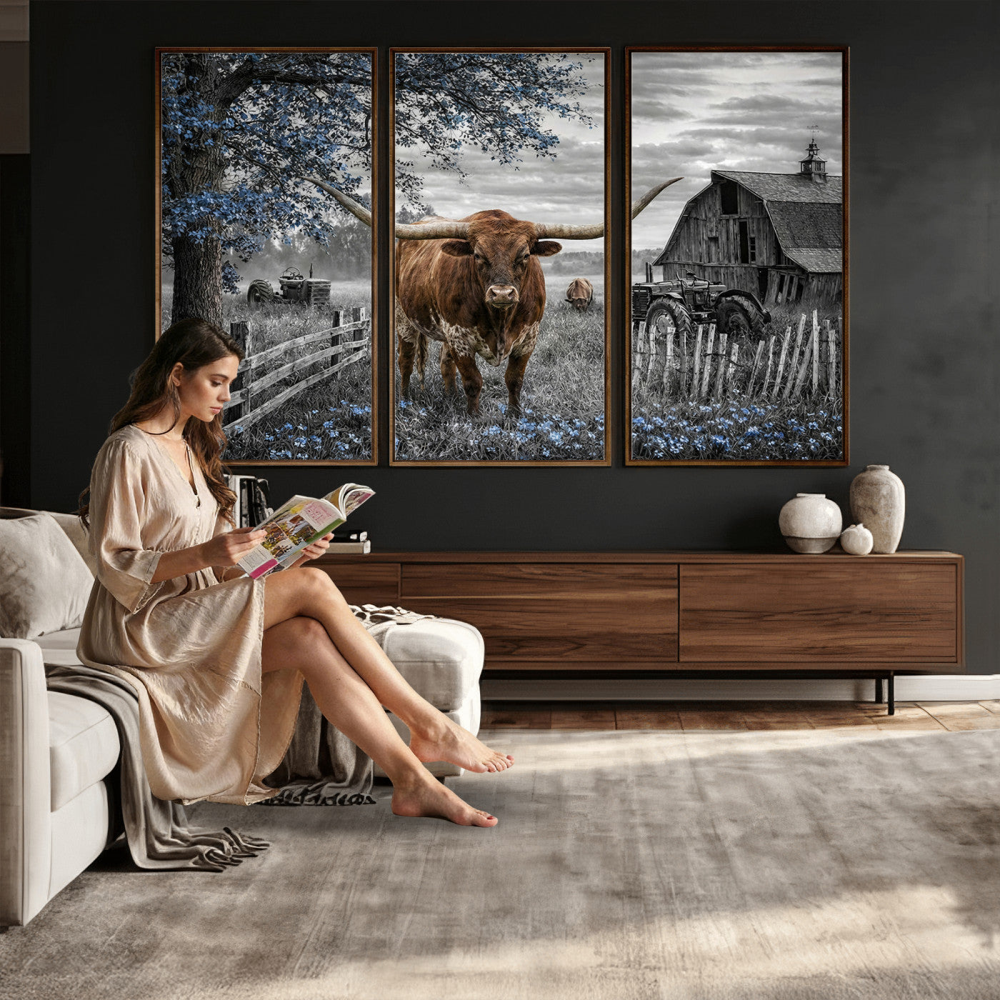 19366343-MGV-CV-36X24 - Texas Longhorn Canvas Wall Art, Rustic Farm Barn Bluebonnet Photography Print, Farmhouse Country Decor, Western Ranch Art, Old Truck Tractor Print