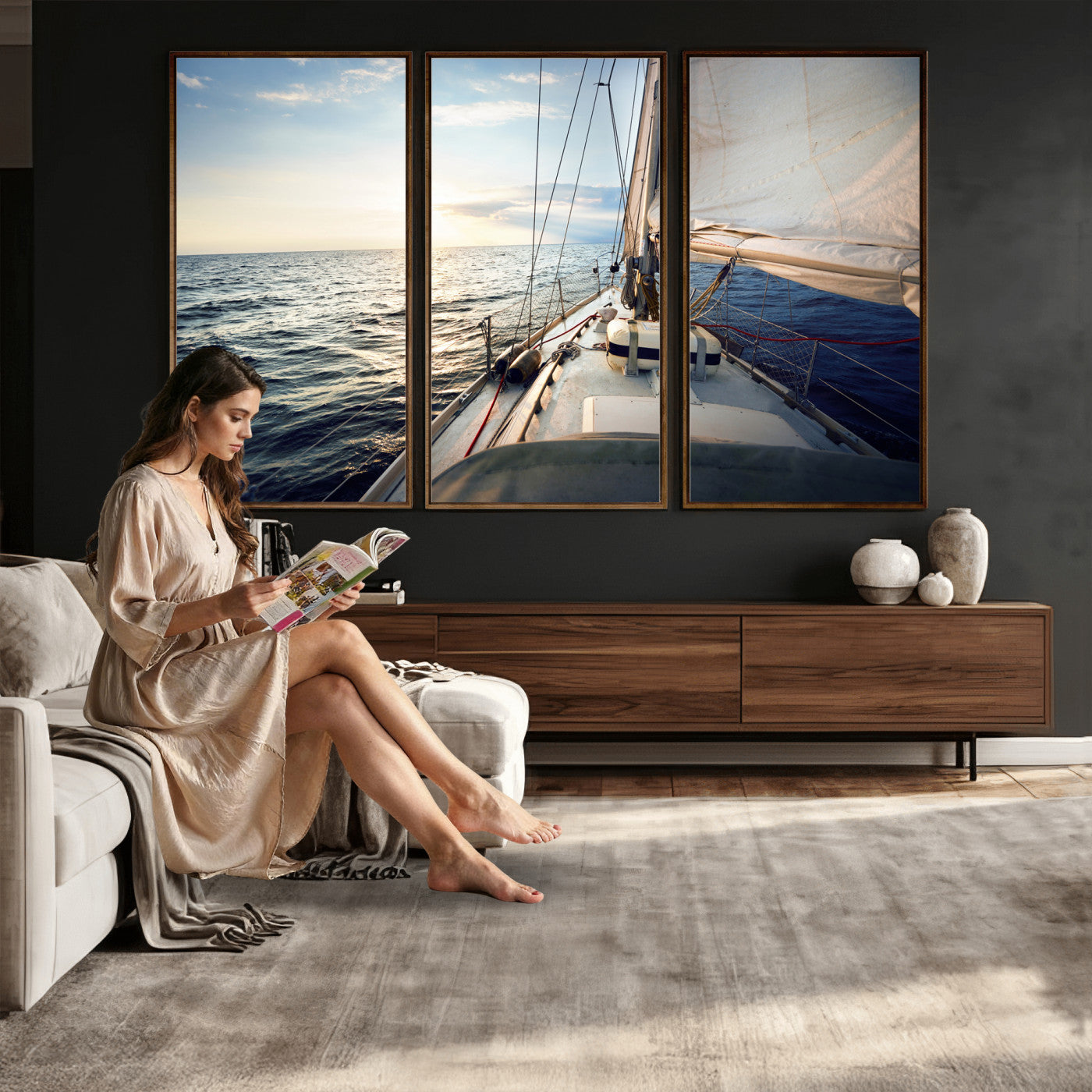 76381335-MGV-CV-36X24 - Sailboat Wall Art Canvas Print, Ocean Sunset Sailing Framed Artwork, Coastal Nautical Seascape Decor for Living Room Office Beach House