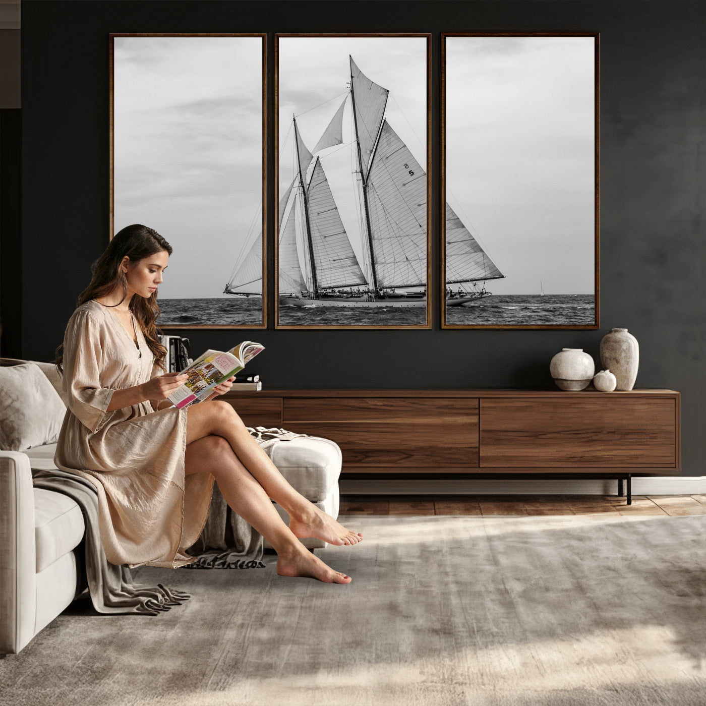 52882918-MGV-CV-36X24 - Vintage Sailboat Wall Art Canvas Print, Black and White Schooner Framed Artwork, Nautical Ocean Sailing Decor for Living Room Office Beach House