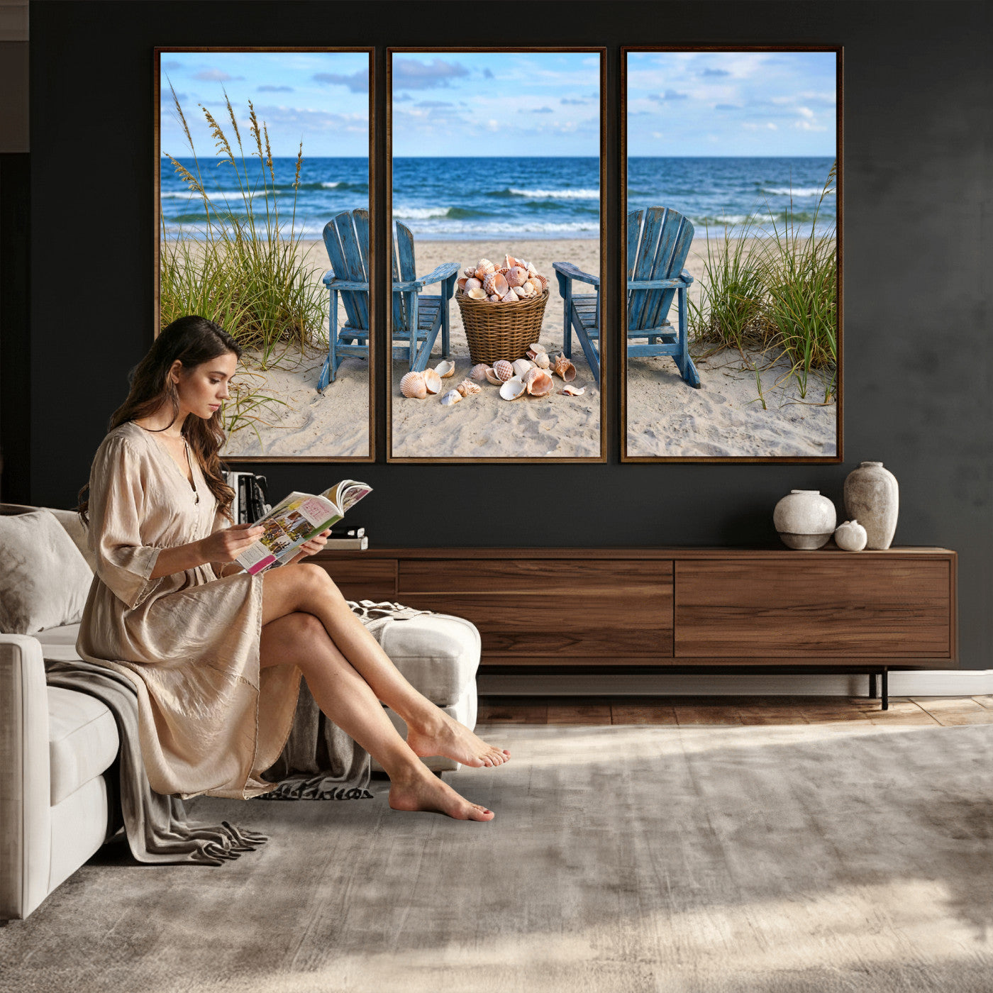 80268829-MGV-CV-36X24 - Large Beach Canvas Wall Art Coastal Adirondack Chairs Ocean Seashells Blue Nautical Framed Large for Living Room Bedroom Bathroom Decor