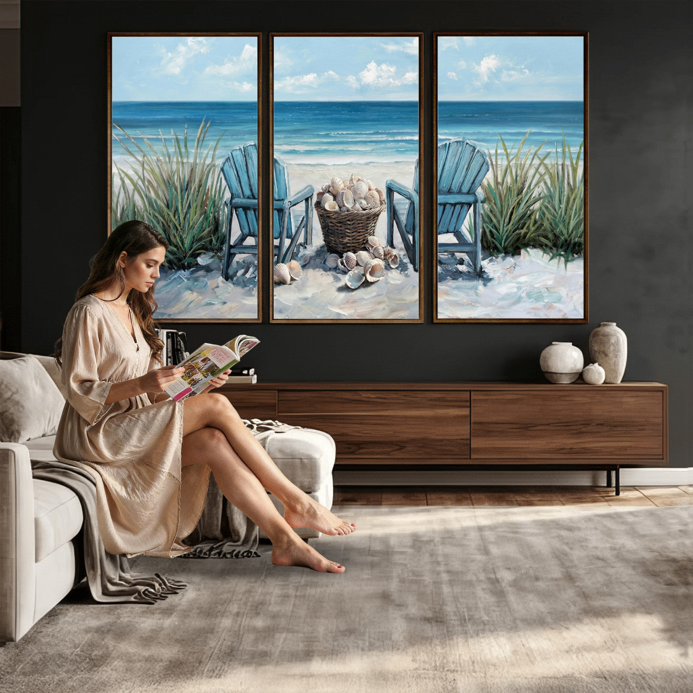 11973028-MGV-CV-36X24 - Beach Canvas Wall Art Coastal Adirondack Chairs Ocean Seashells Blue Nautical Framed Large for Living Room Bedroom Bathroom Decor