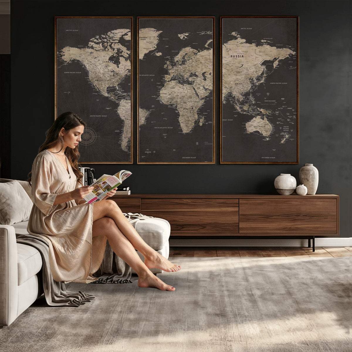 56556018136-MGV-CV-36X24 - World Map Canvas Wall Art, Dark Charcoal and Antique Tan Detailed Map