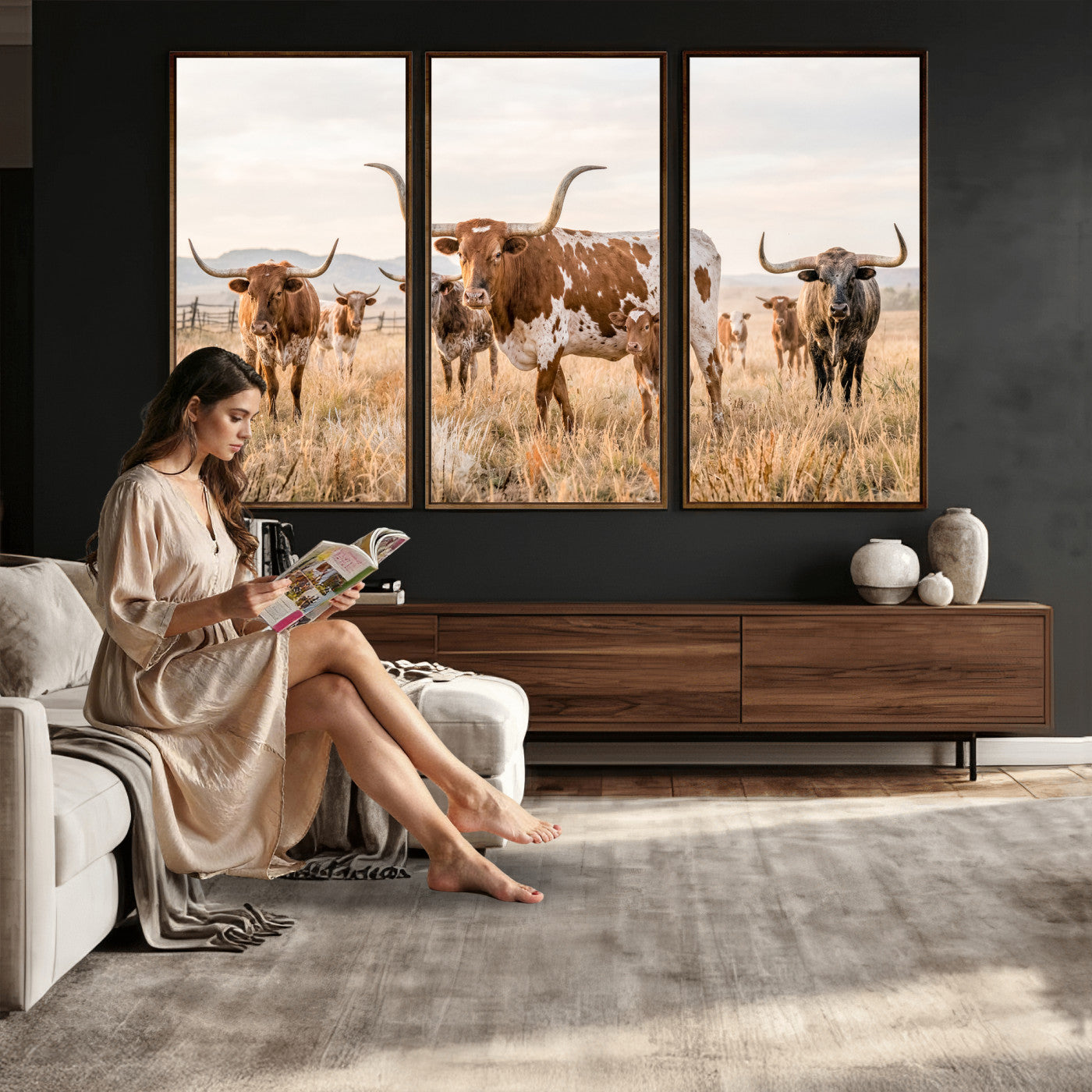 62336425AC-MGV-CV-36X24 - Texas Longhorn Canvas Wall Art, Rustic Farm Animal Photography Print, Farmhouse Country Decor, Western Ranch Art