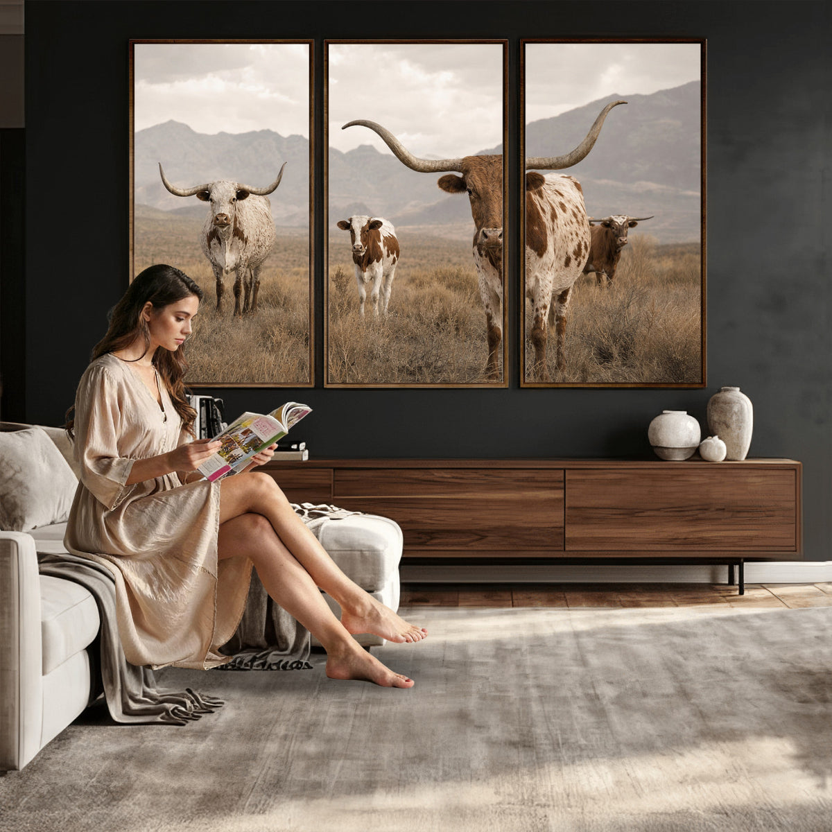62336425AD-MGV-CV-36X24 - Rustic Texas Longhorn Cow Canvas Wall Art Print, Rustic Farm Animal Photography Print, Farmhouse Country Decor, Western Ranch Art