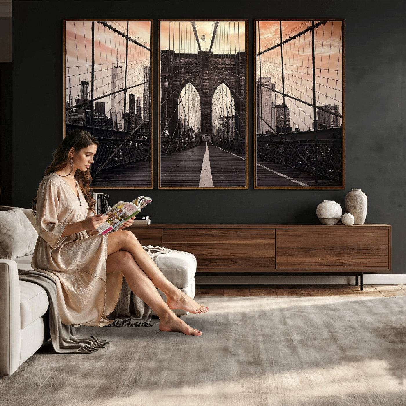 93226664-MGV-CV-36X24 - Brooklyn Bridge Canvas Wall Art, New York City Skyline Photography Print, NYC Landmark Urban Decor Artwork