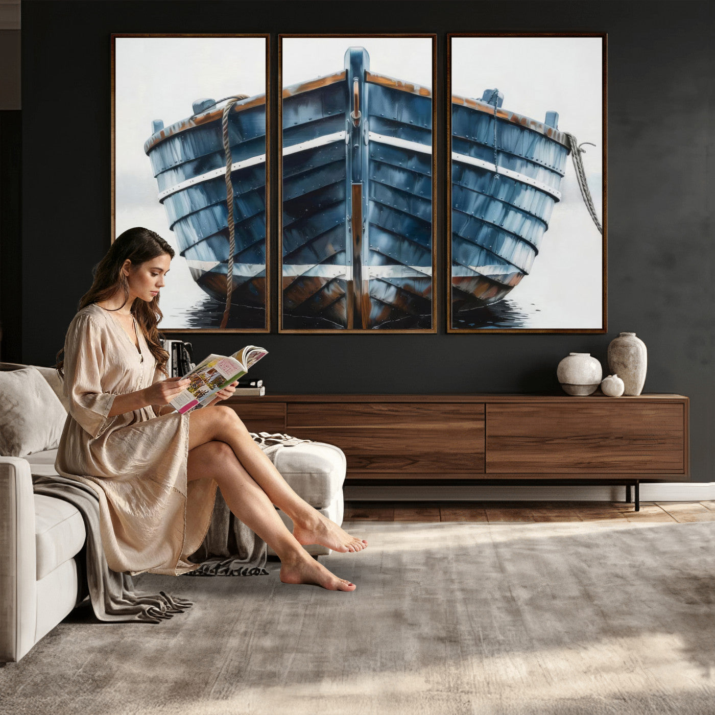 21601740-MGV-CV-36X24 - Blue Wooden Rowboat Canvas Wall Art, Coastal Nautical Boat Painting Print for Lake Beach House Decor, Minimalist Maritime Decor Artwork