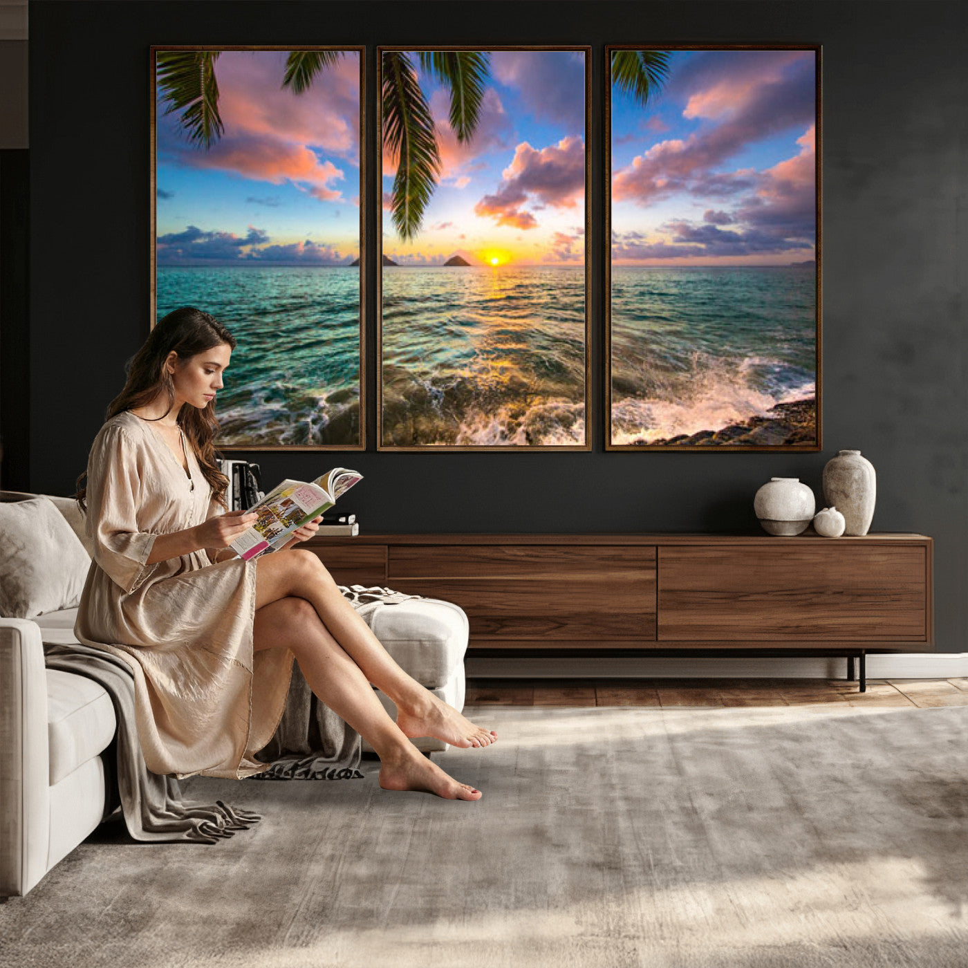 13207742-MGV-CV-36X24 - Hawaii Beach Sunset Canvas Wall Art Print, Tropical Ocean Landscape Artwork, Palm Tree Coastal Decor for Living Room Bedroom