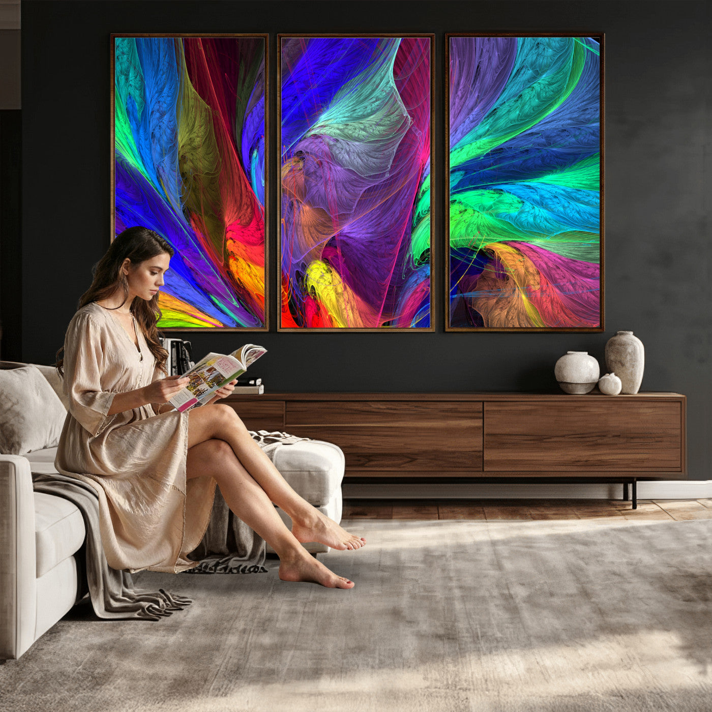376925791-MGV-CV-36X24 - Colorful Abstract Canvas Wall Art, Rainbow Swirl Fractal Print, Bold Multicolor Living Room Decor, Vibrant Energy Art, Large Abstract Wall Art