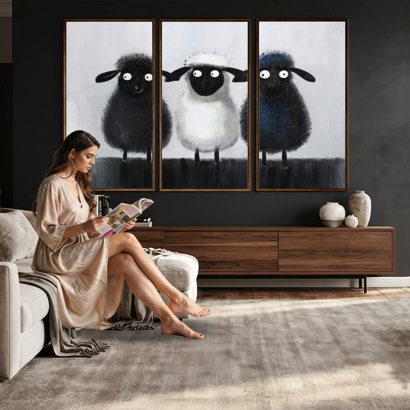 45650028-MGV-CV-36X24 - Funny Sheep Canvas Wall Art, Three Quirky Sheep Painting Print, Cute Animal Nursery Decor, Black White Navy Farmhouse Art, Kids Room Gift