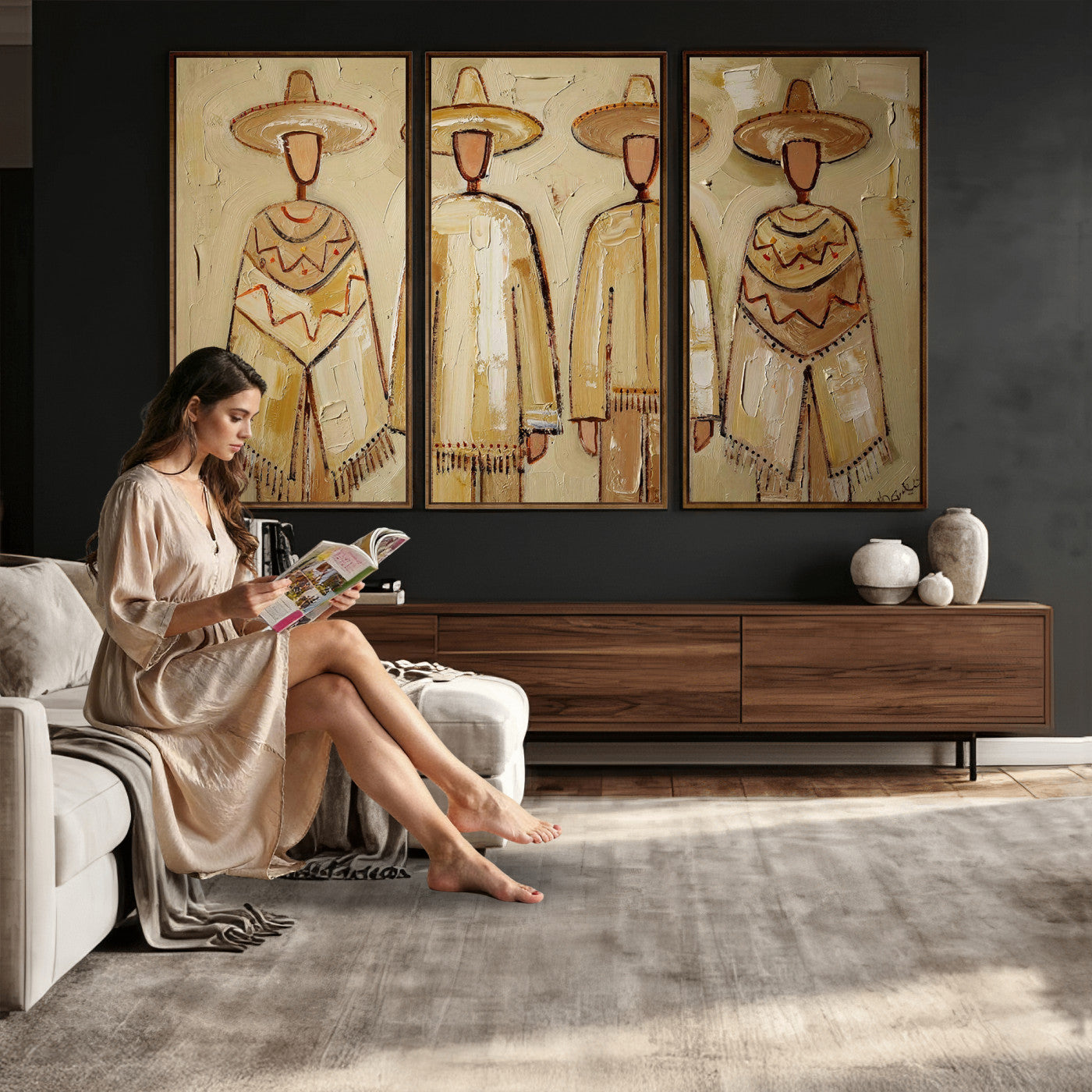 46071653-MGV-CV-36X24 - Mexican Folk Art Canvas Wall Art, Charro Poncho Sombrero Painting Print, Neutral Beige Boho Decor, Southwestern Impasto Style, Living Room Art