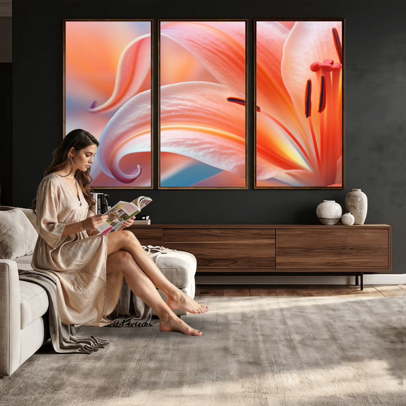 69566231-MGV-CV-36X24 - Peach Lily Canvas Wall Art, Coral Pink Flower Macro Photo Print, Botanical Bedroom Decor, Soft Floral Photography, Living Room Wall Art