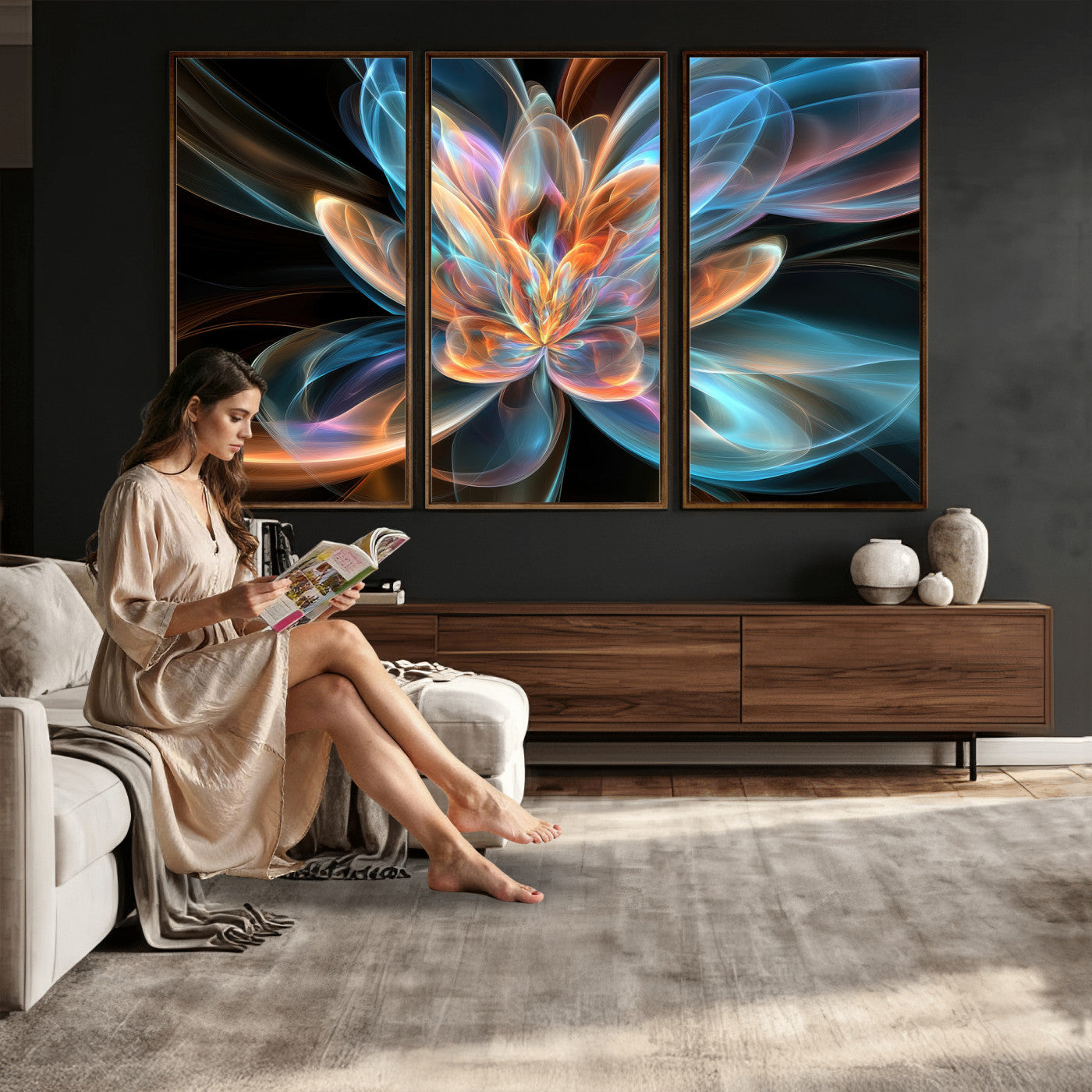 91902283-MGV-CV-36X24 - Fractal Lotus Canvas Wall Art, Blue Orange Glowing Flower Abstract Print, Modern Zen Meditation Room Decor, Ethereal Digital Art, Living Room