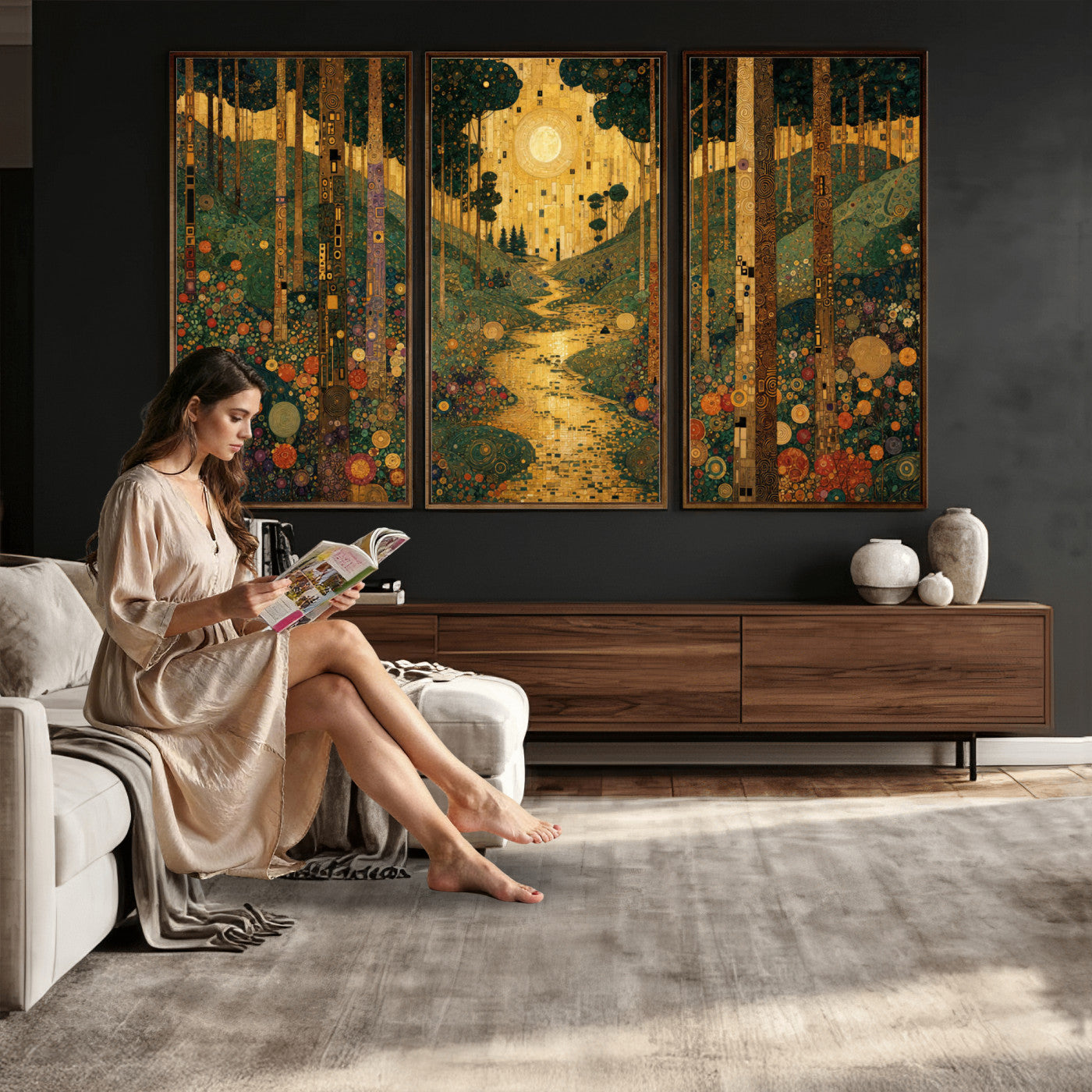 79483321GS-MGV-CV-48X32-3P - Gustav Klimt Style Forest Canvas Wall Art, Golden Forest Path Floral Art Nouveau Print, Enchanted Woodland Decor