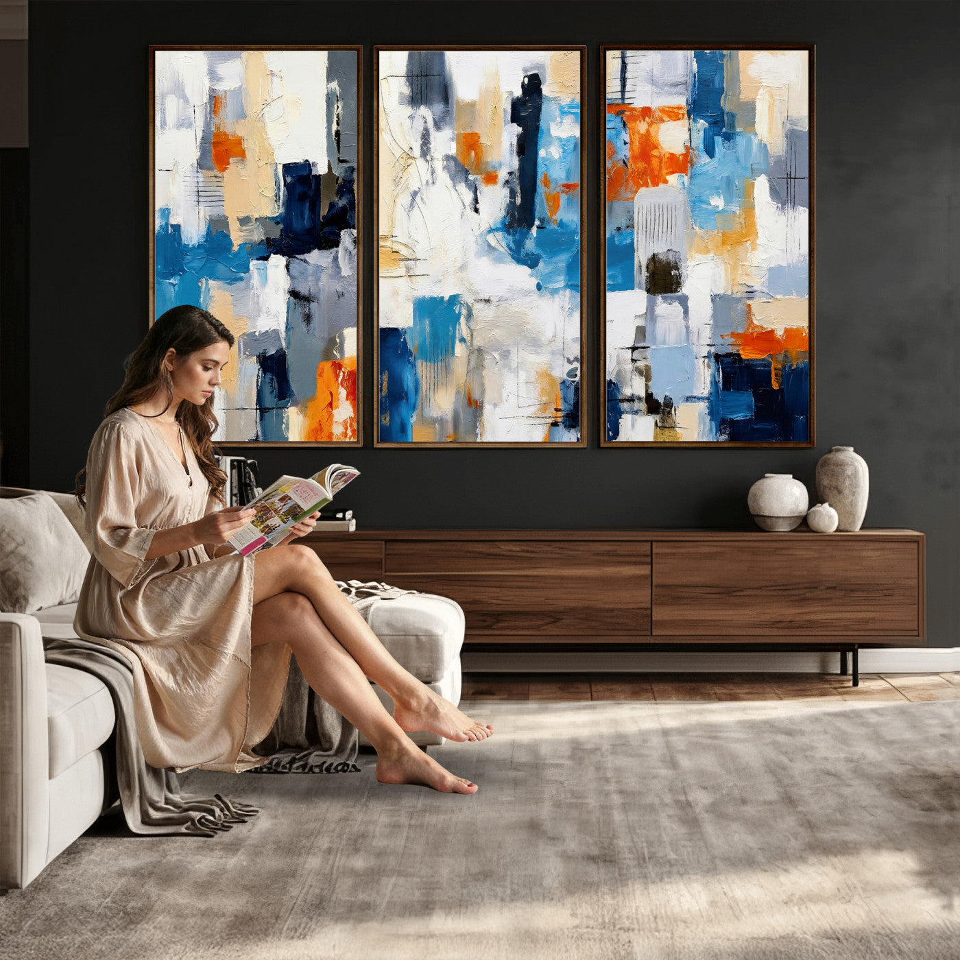 83915061-MGV-CV-36X24 - Blue Teal Abstract Canvas Wall Art, Modern Textured Painting Print, Navy Orange White Contemporary Art, Neutral Living Room Decor, Office Art