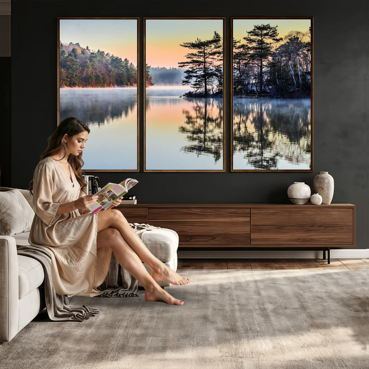 34236027-MGV-CV-36X24 - Before People Wake Canvas Wall Art Print, Misty Lake Sunrise Landscape, Forest Reflection Nature Decor, Ready to Hang