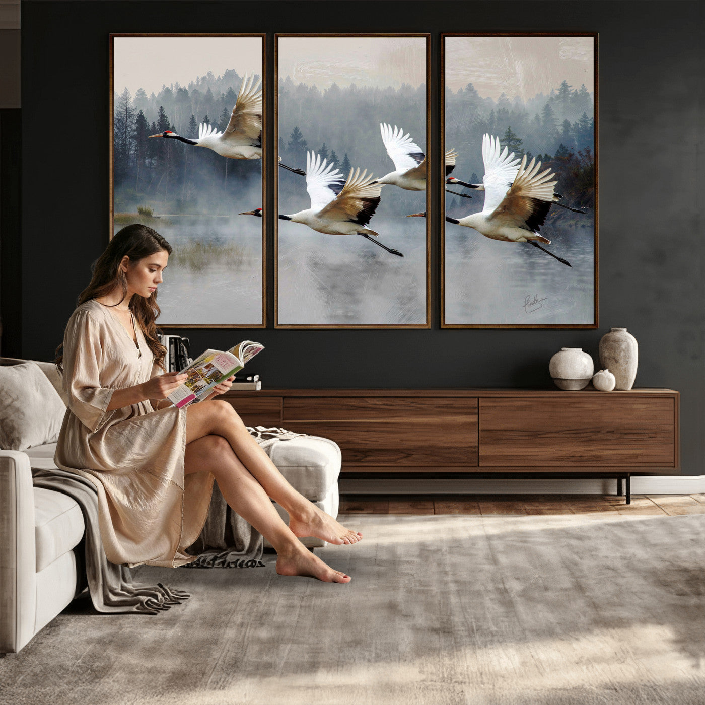 24356826-MGV-CV-36X24 - Flying Crane Canvas Wall Art Print, White Crane Bird Artwork, Wildlife Nature Decor, Lake Landscape Canvas, Ready to Hang