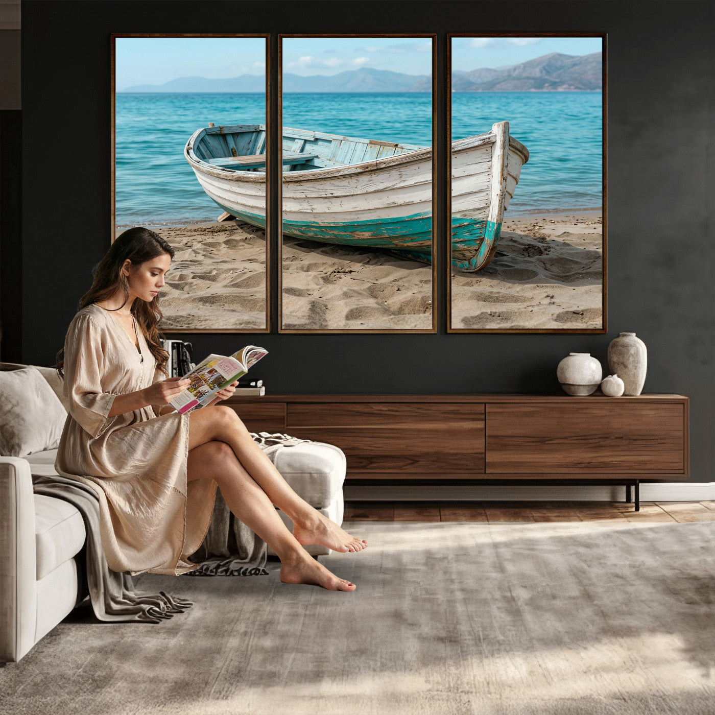 49963709-MGV-CV-36X24 - Coastal Boat Canvas Wall Art Print, Beach Boat Painting, Nautical Ocean Decor, Seascape Wall Art, Ready to Hang