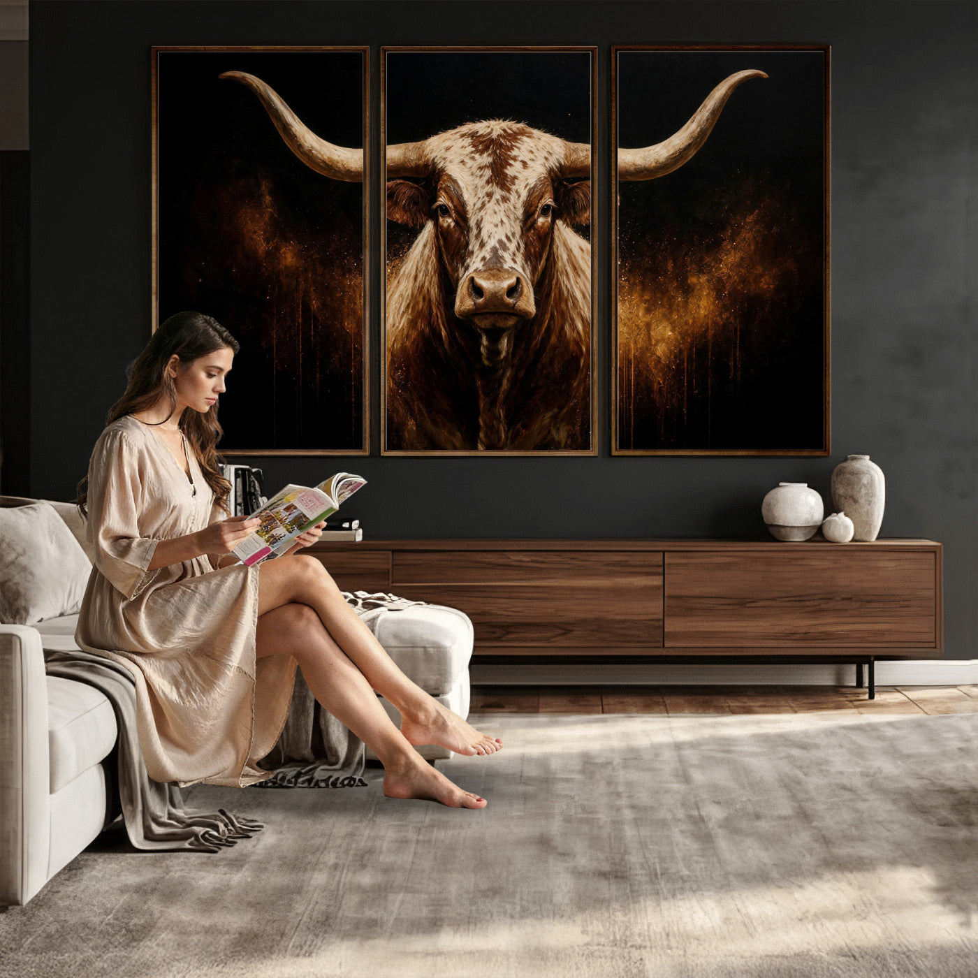62076449-MGV-CV-48X32-3P - Texas Bull Cow Longhorn Canvas Wall Art Moody Western Bull Oil Painting Print
