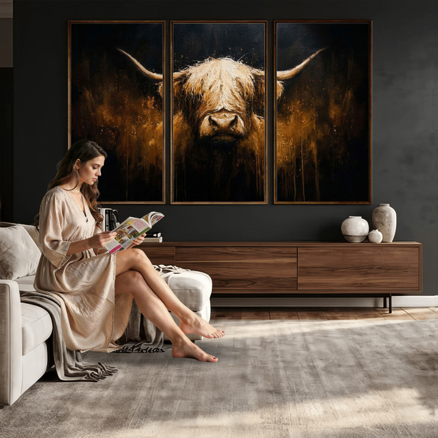 79873059-MGV-CV-36X24 - Rustic Highland Cow Canvas Print Dark Farmhouse Cattle Wall Decor