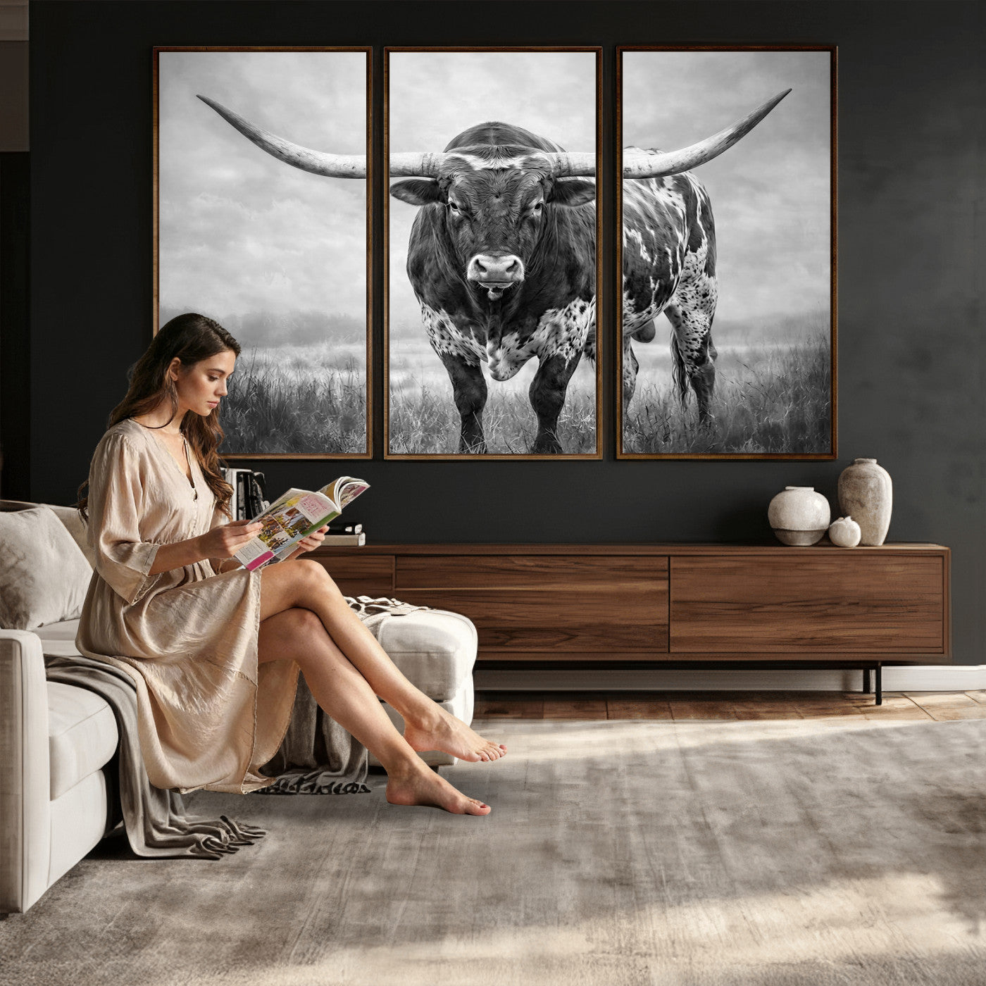 11121585-MGV-CV-36X24 - Texas Bull Wall Art Canvas Print for Farmhouse Restaurant Wall Decor