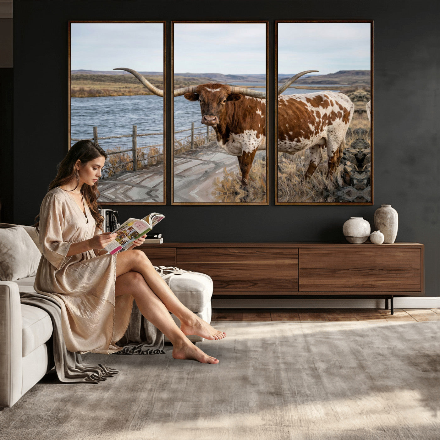 91575949-MGV-CV-36X24 - Texas Longhorn Cattle in Desert Pasture Wall Art Canvas Print - Rustic Western Decor