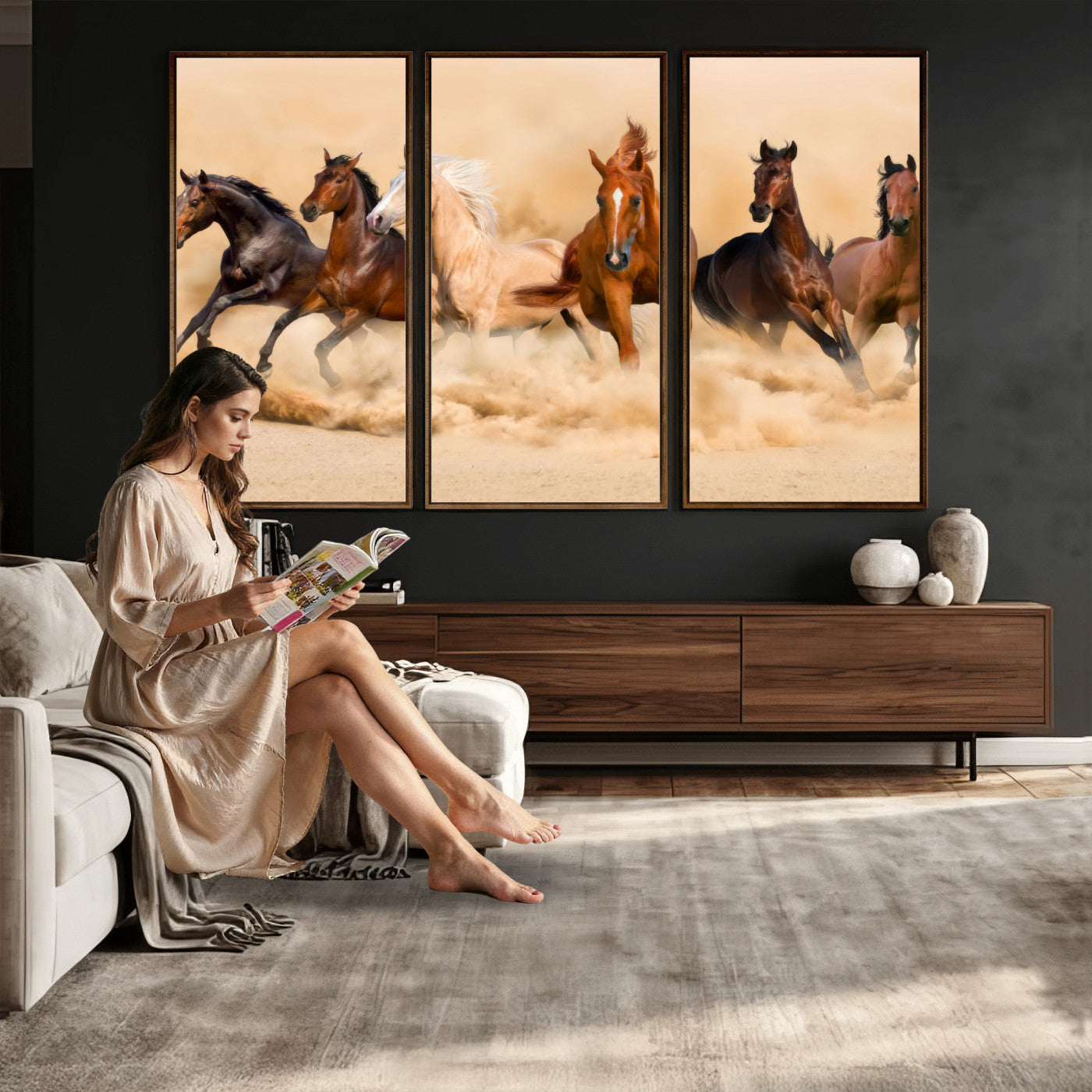 90610949-MGV-CV-36X24 - Herd of Six Wild Horses Galloping in Dust Storm Wall Art Canvas Print - Majestic Wildlife Decor