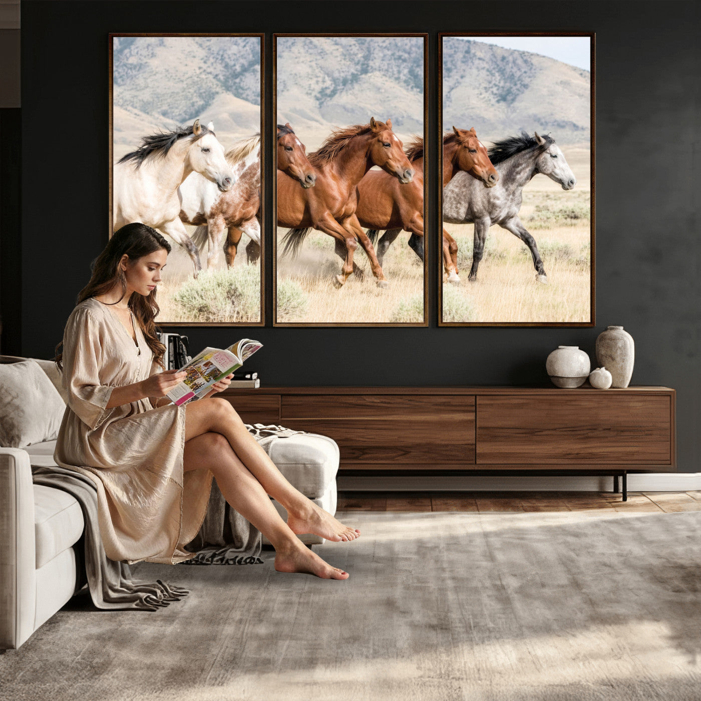 68345893-MGV-CV-36X24 - Five Mustangs Running Wild in Mountain Valley Wall Art Canvas Print - Rustic Western Decor